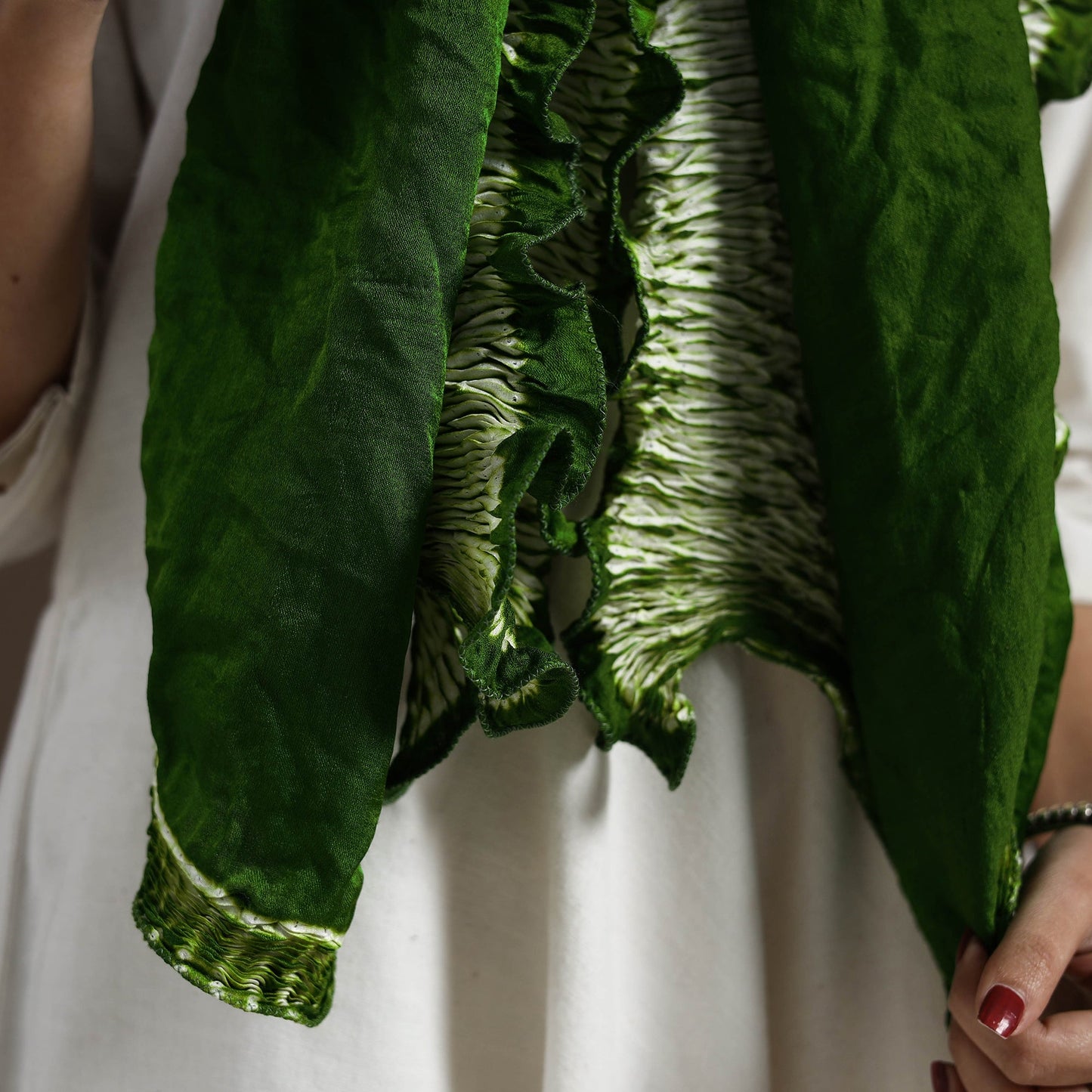 Green - tie & dye gajji silk shibori stole 10 - handcrafted