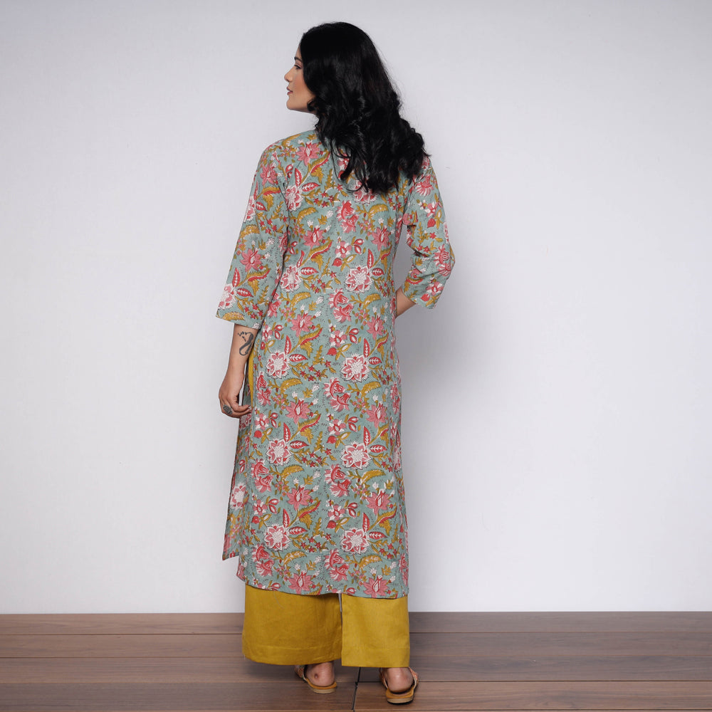 Sanganeri Hand Block Printed Cotton Long Kurta with Palazzo Set Online l iTokri.com