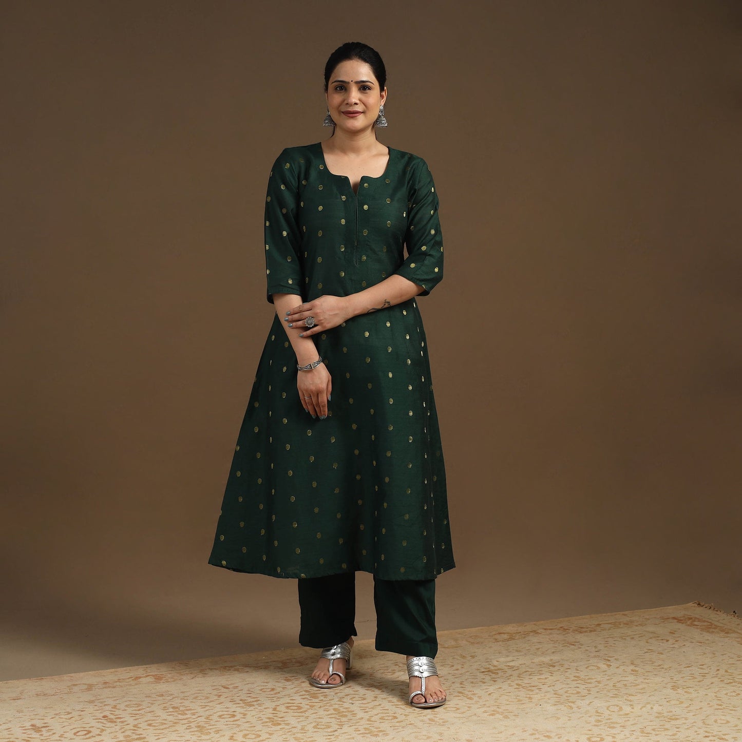 Green Zari Buti Spun Dupion Silk Kurta Set for Women