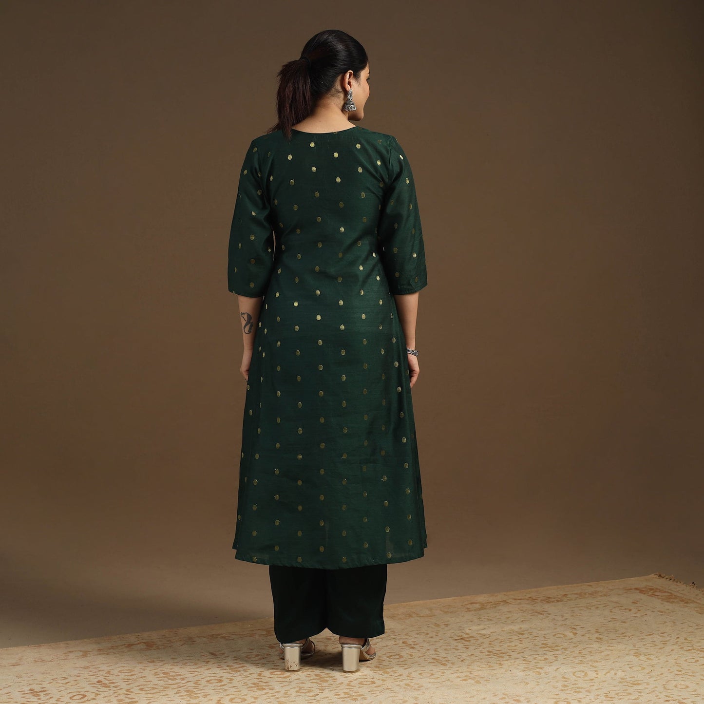 Green Zari Buti Spun Dupion Silk Kurta Set for Women