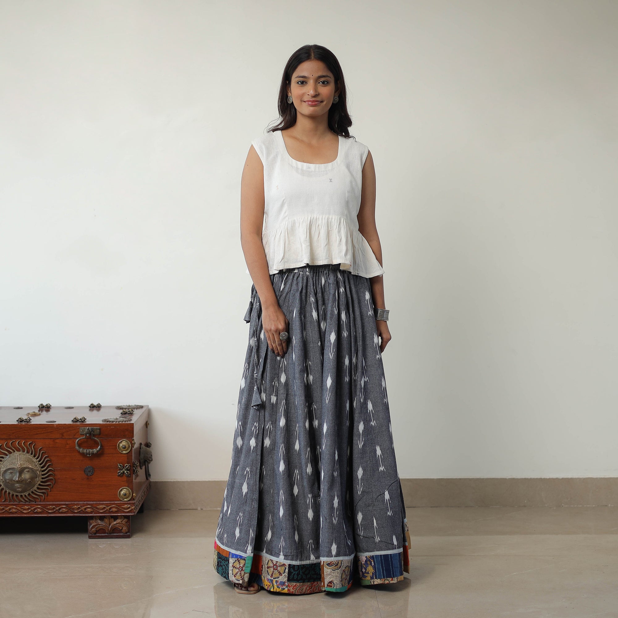 Grey - Wrap Around Cotton Pochampally Ikat Skirt