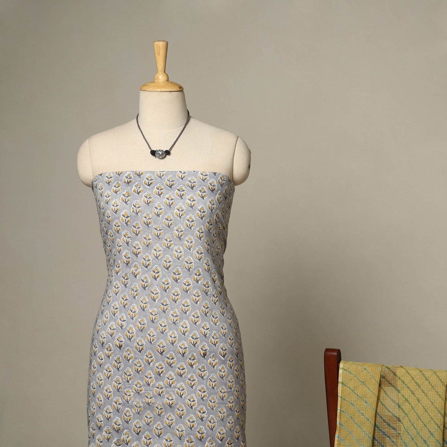 Grey - 2pc cotton unstitched sanganeri dress material