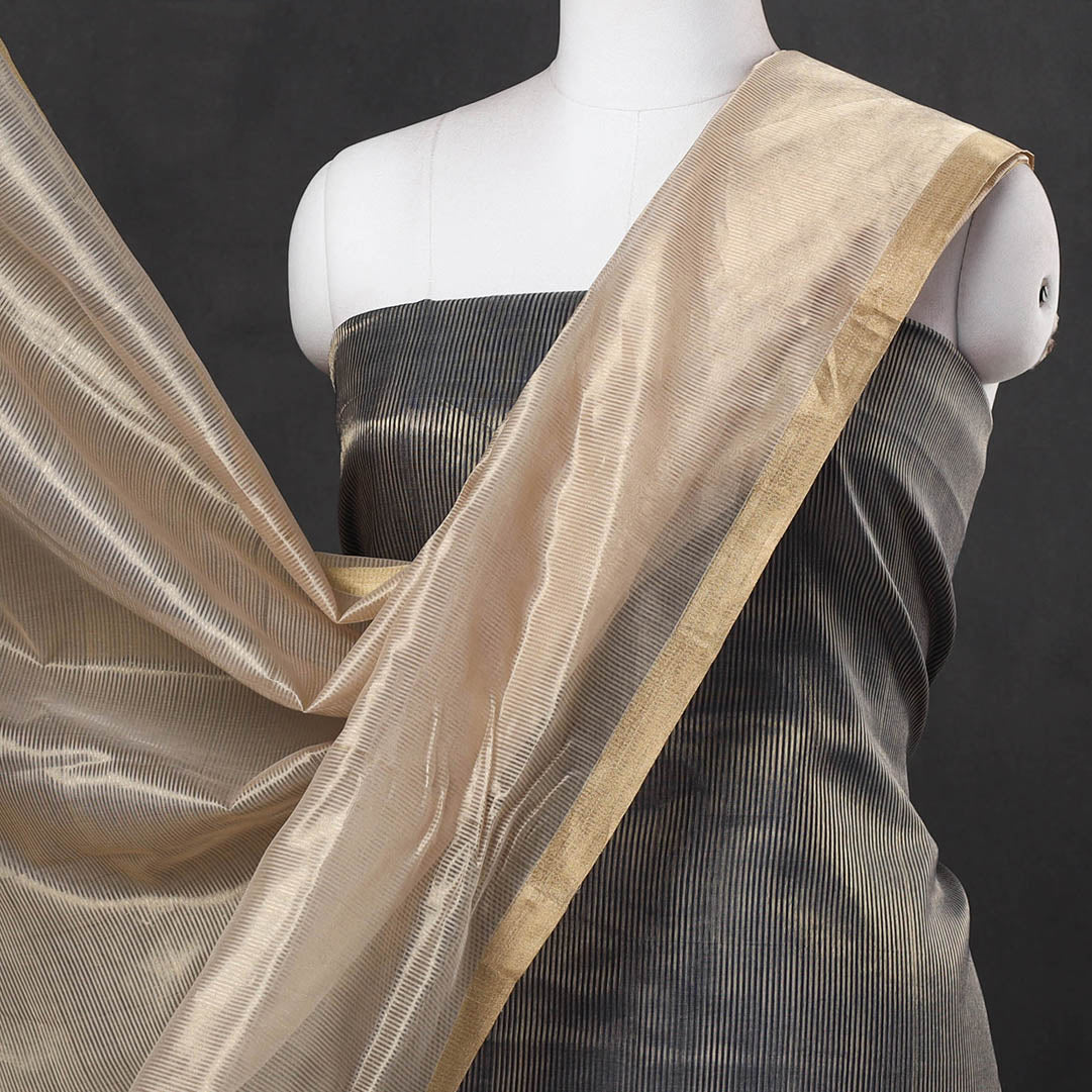 2pc Maheshwari Silk Handloom Tissue Zari Stripes Suit Material Set