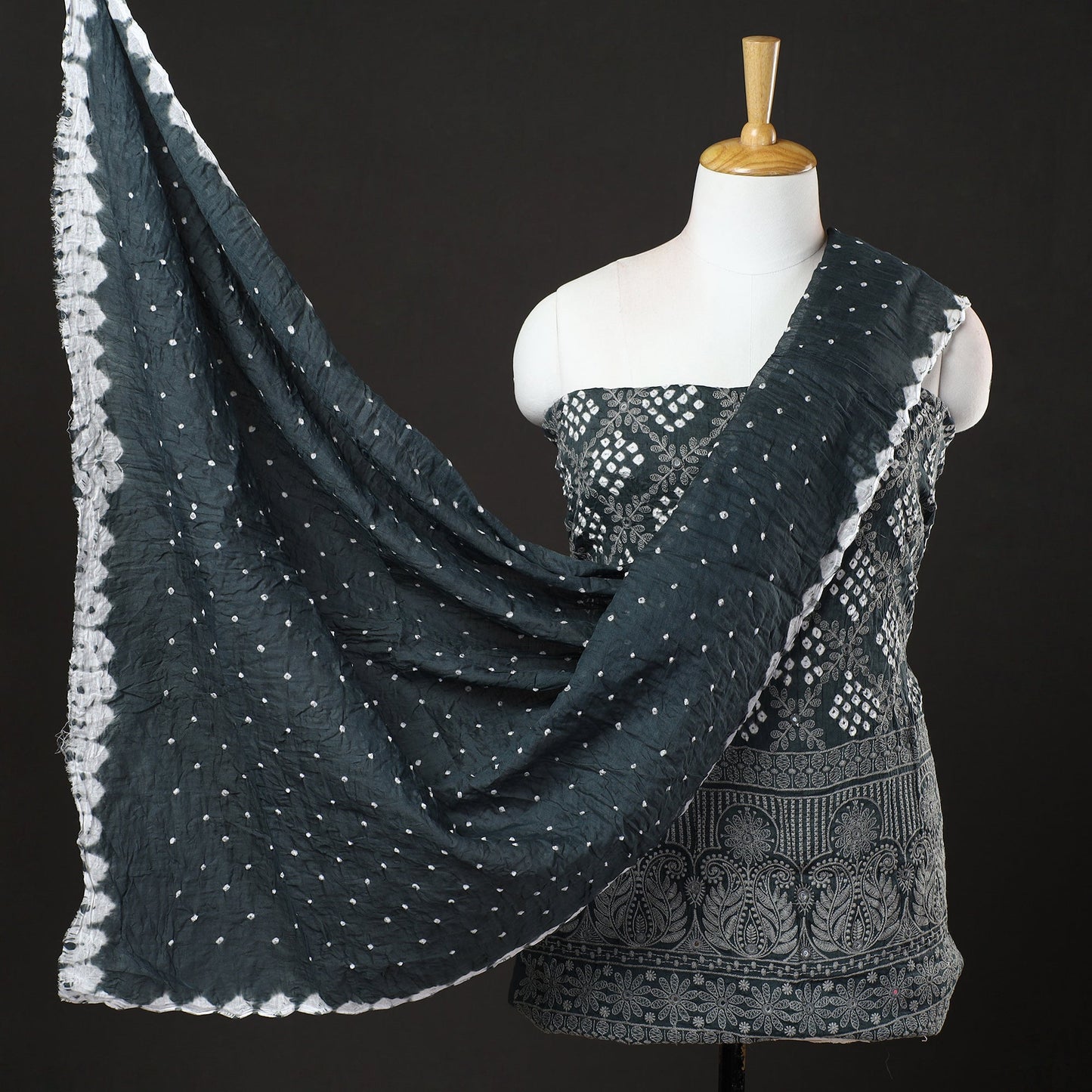 3pc Grey Kutch Bandhani Tie-Dye Satin Cotton Dress Material