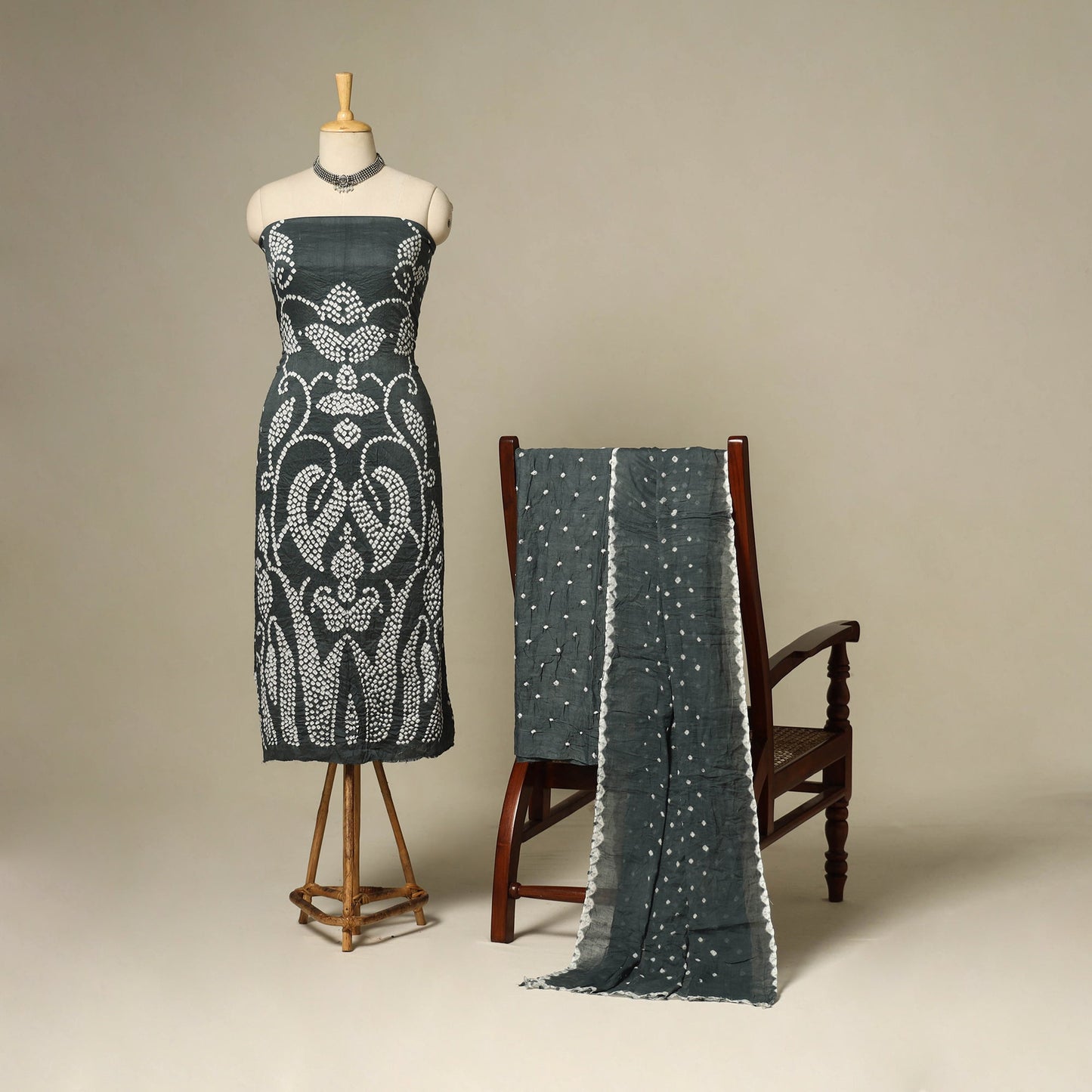 Grey - 3pc kutch tie-dye satin cotton unstitched bandhani