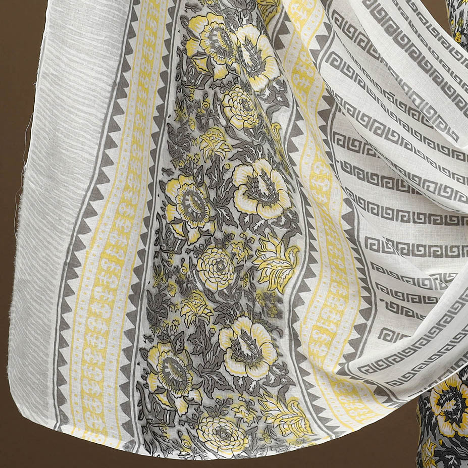Grey 3pc Sanganeri Block Print Cotton Dress Material