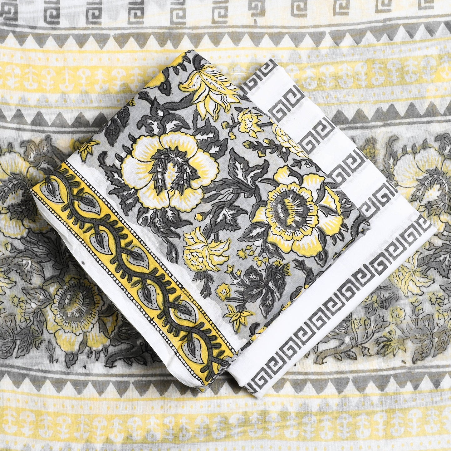 Grey 3pc Sanganeri Block Print Cotton Dress Material