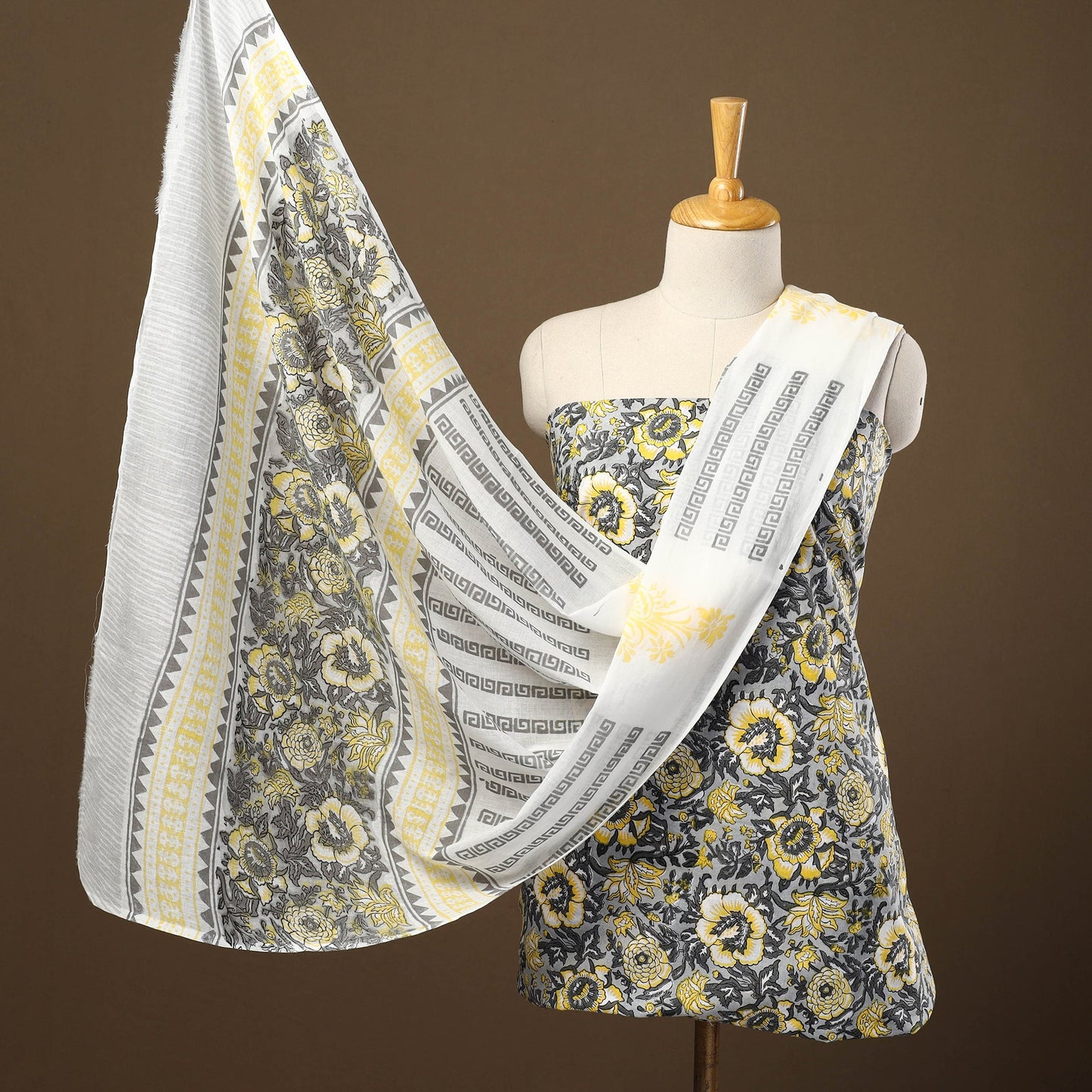 Grey 3pc Sanganeri Block Print Cotton Dress Material