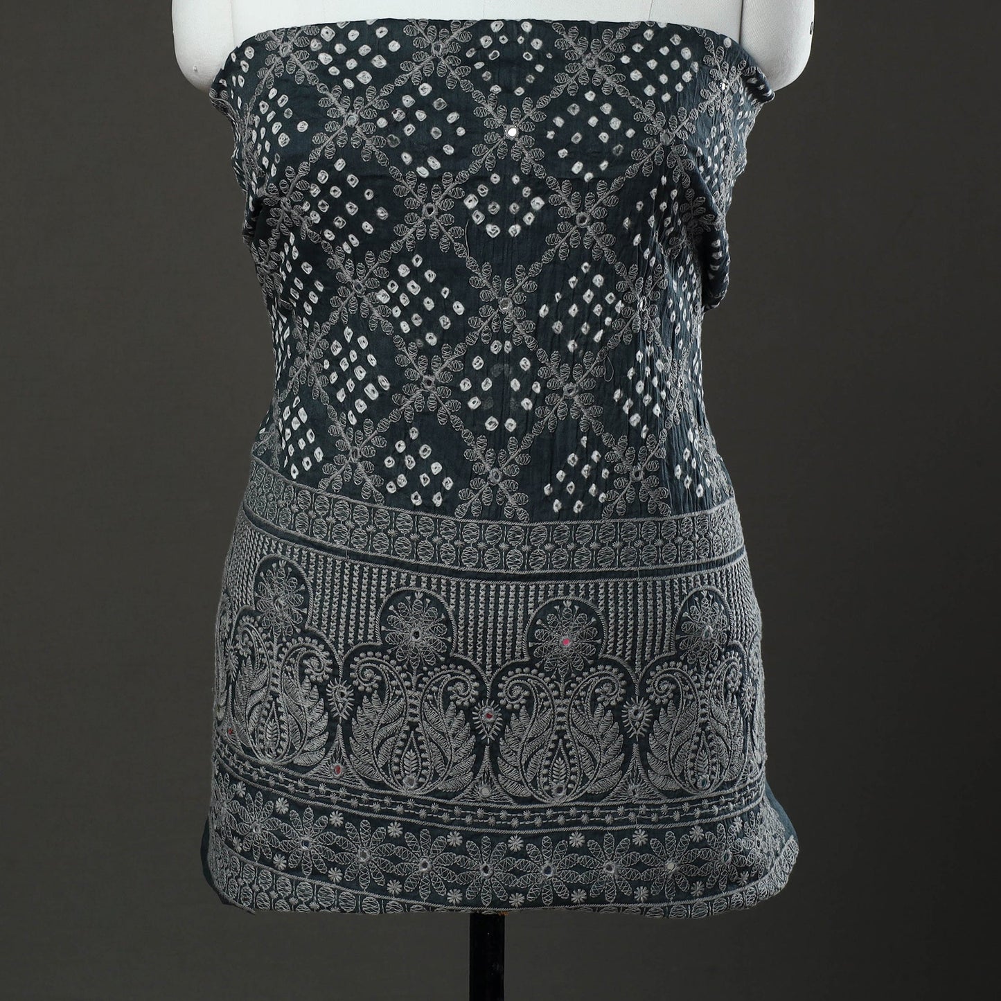 Grey - 3pc tie & dye satin cotton bandhani unstitched dress