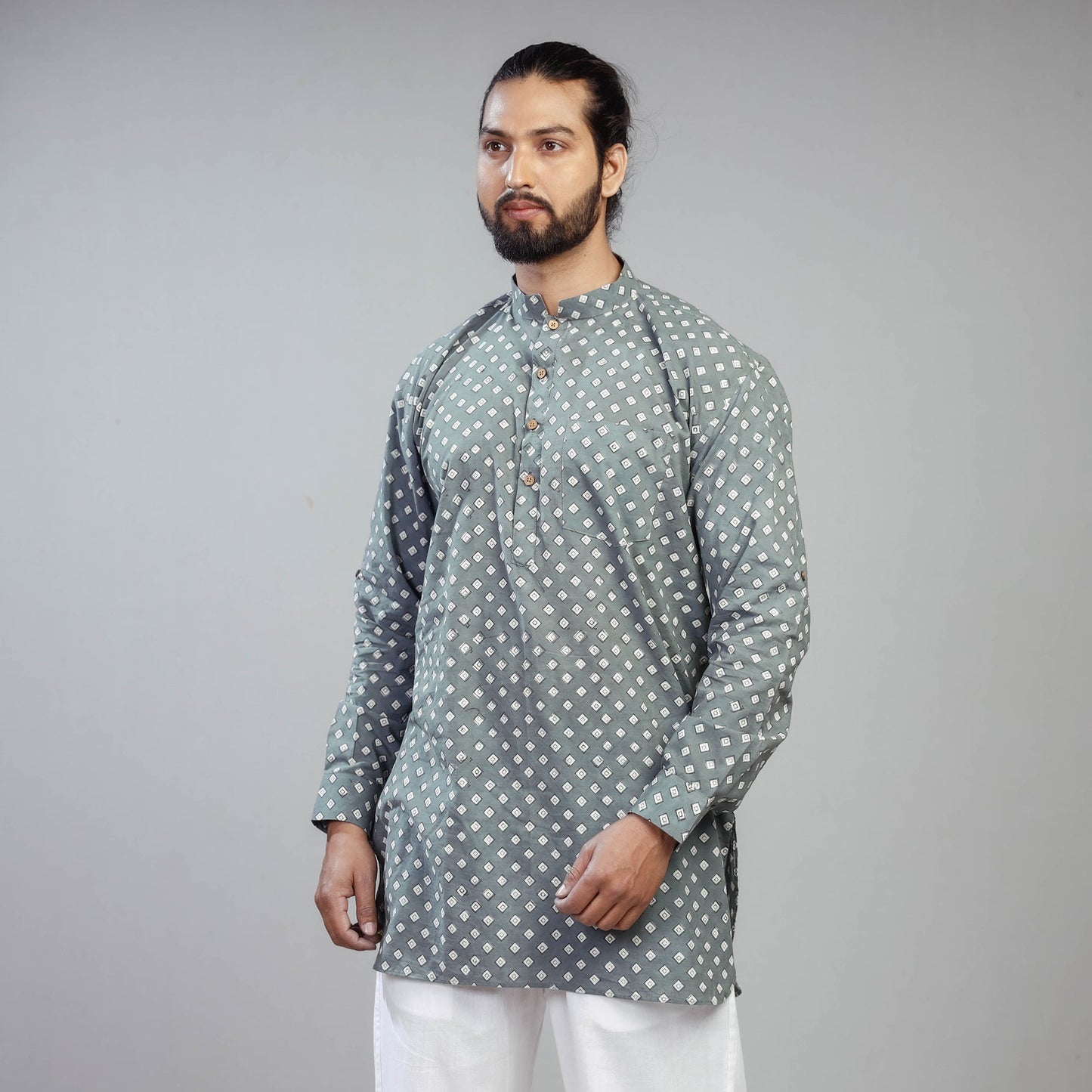 Grey Akola Block Print Cotton Men Short Kurta