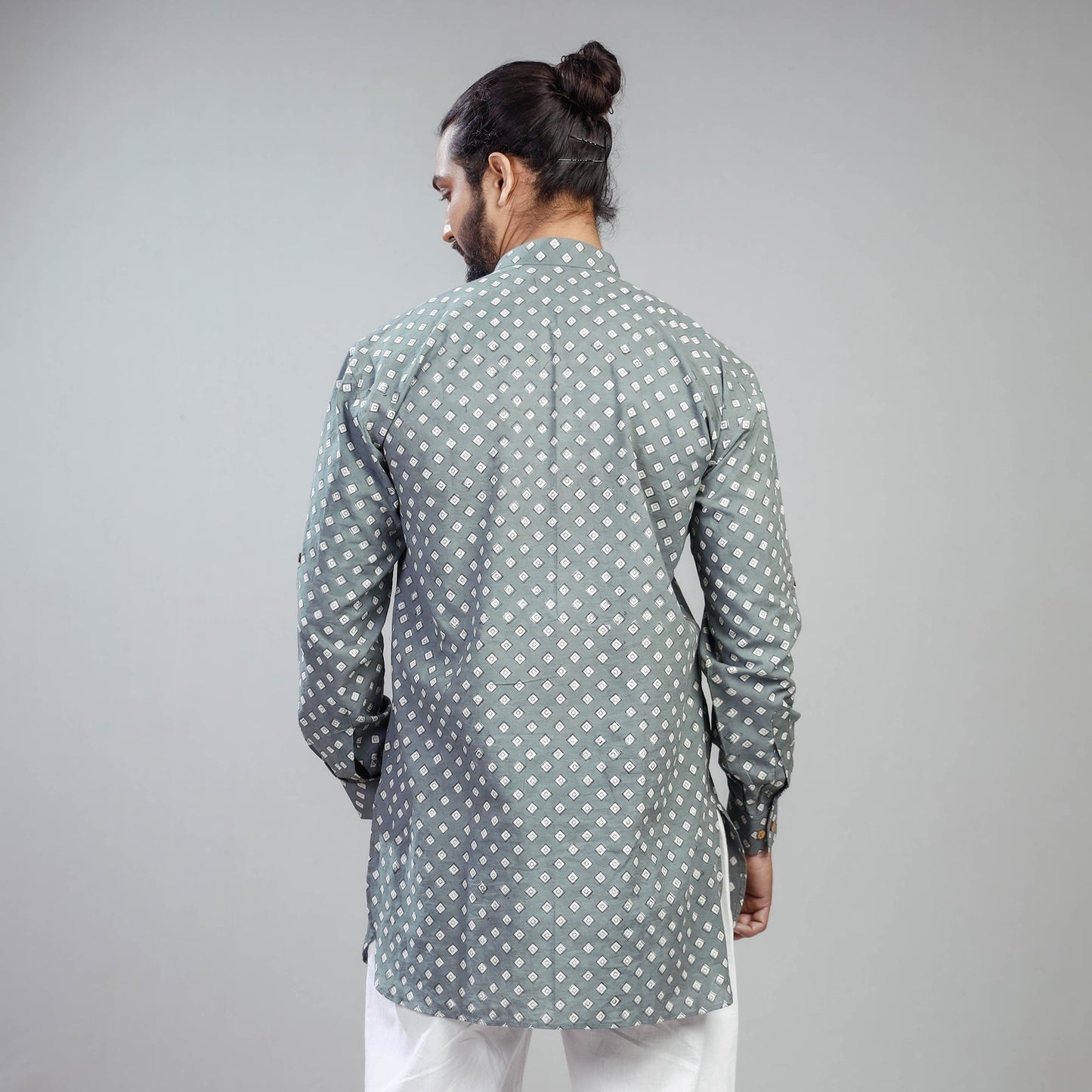 Grey Akola Block Print Cotton Men Short Kurta