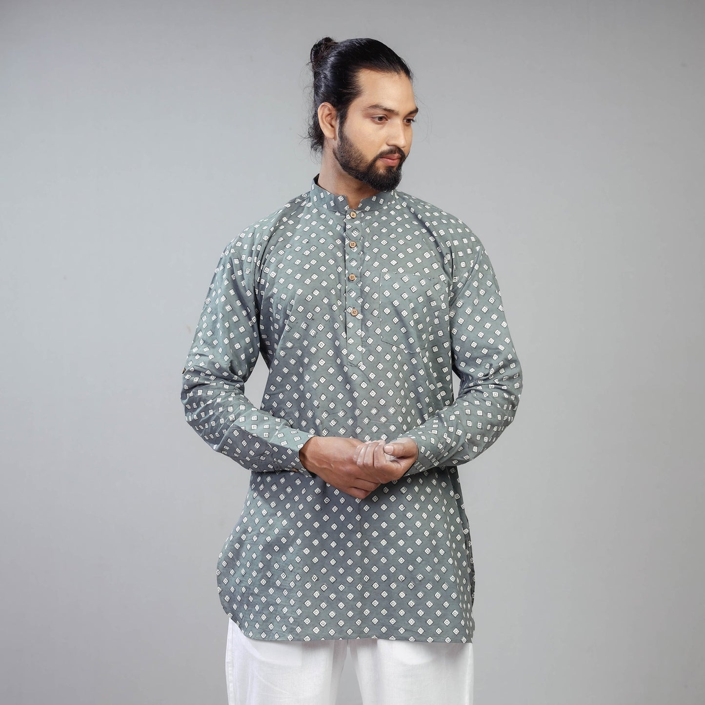 Grey Akola Block Print Cotton Men Short Kurta