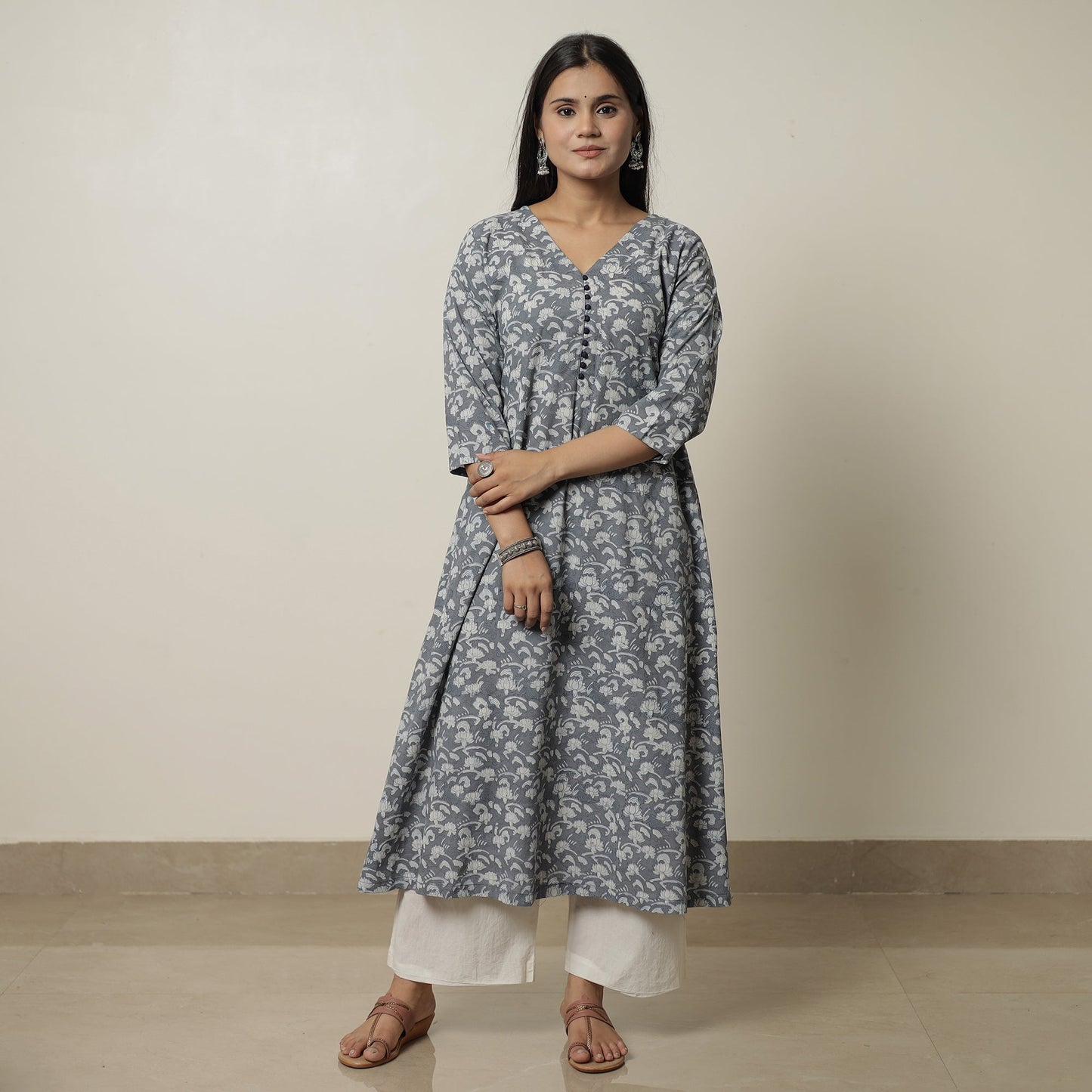 Akola Hand Block Printed Cotton A-Line Long Kurta 39