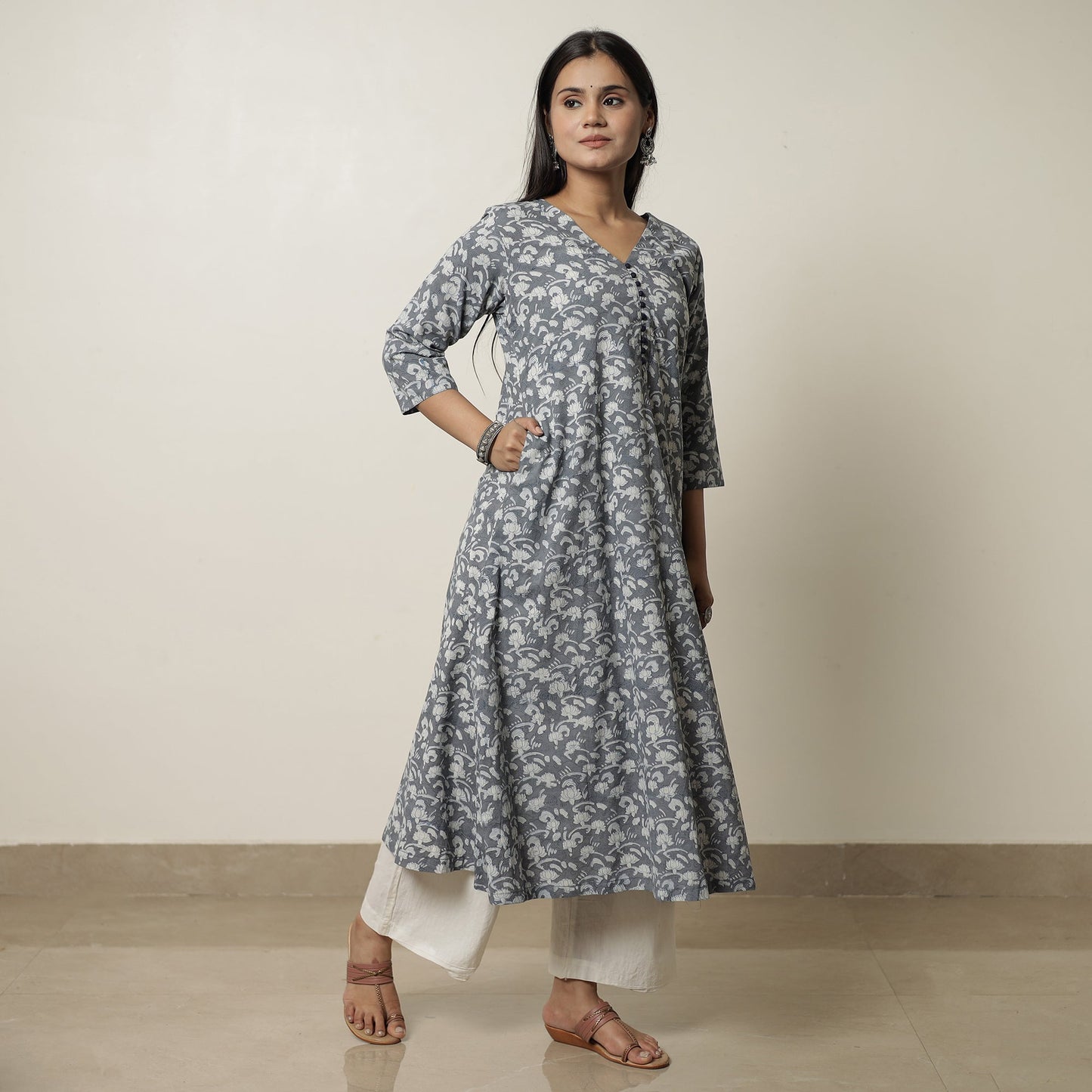 Akola Hand Block Printed Cotton A-Line Long Kurta 39
