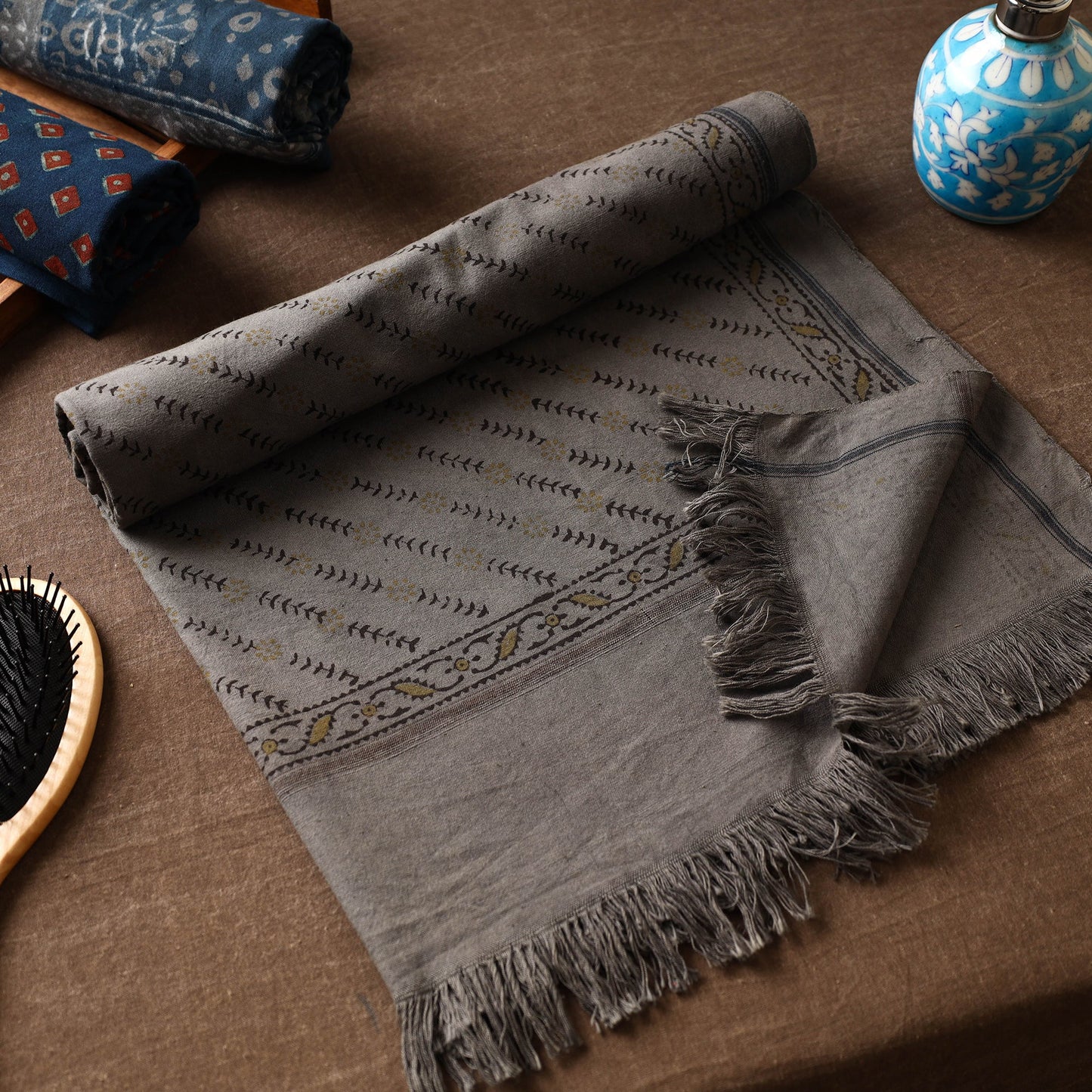 Grey Akola Block Printed Pure Handloom Cotton Towel