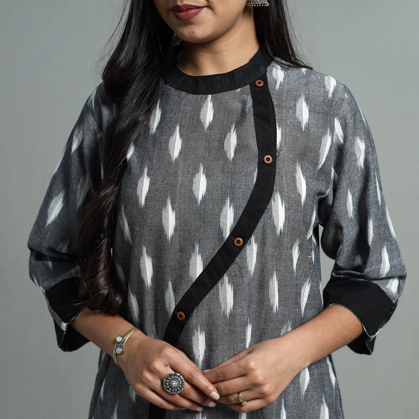 Grey Angrakha Cotton Straight Pochampally Ikat Kurta