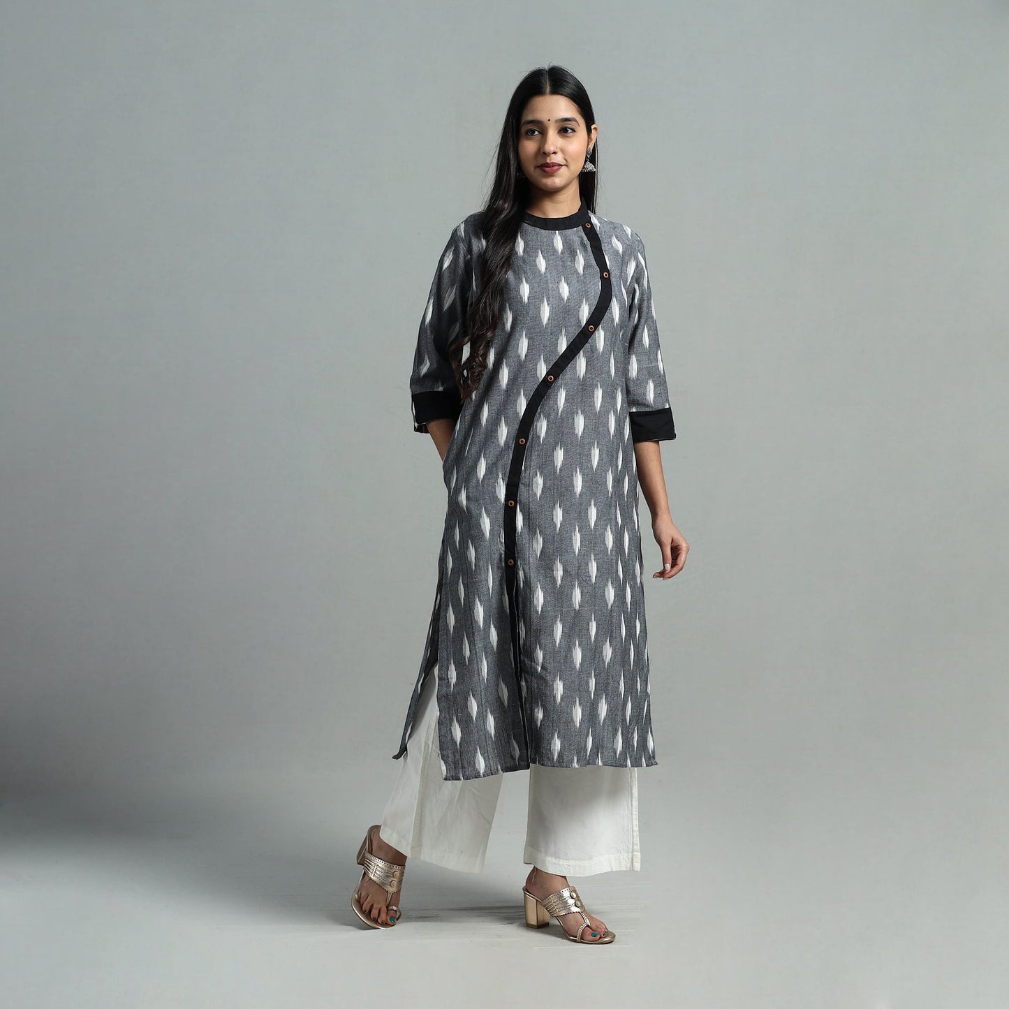 Grey Angrakha Cotton Straight Pochampally Ikat Kurta