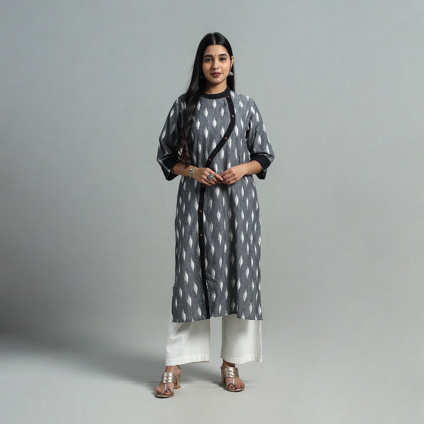 Grey Angrakha Cotton Straight Pochampally Ikat Kurta