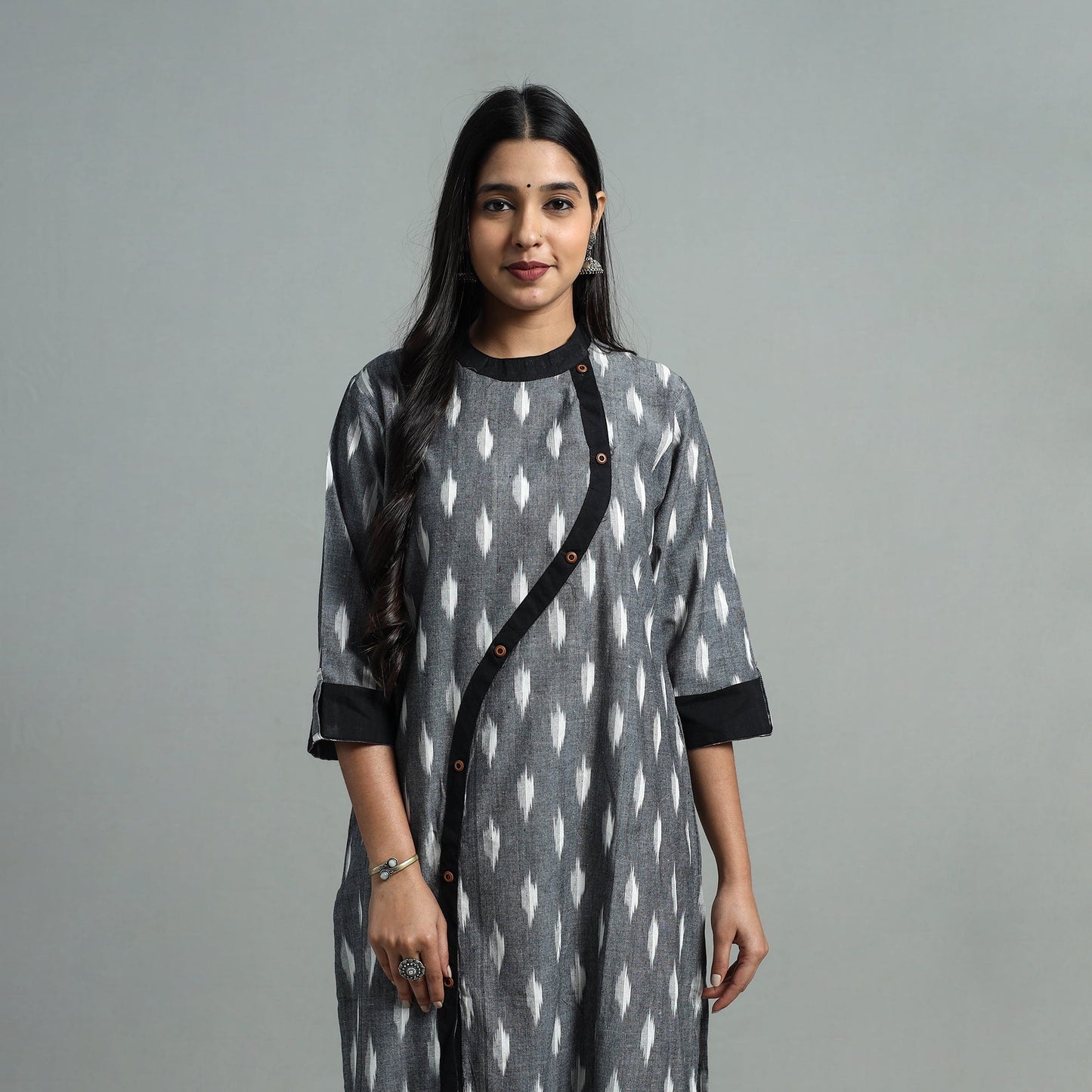 Grey Angrakha Cotton Straight Pochampally Ikat Kurta