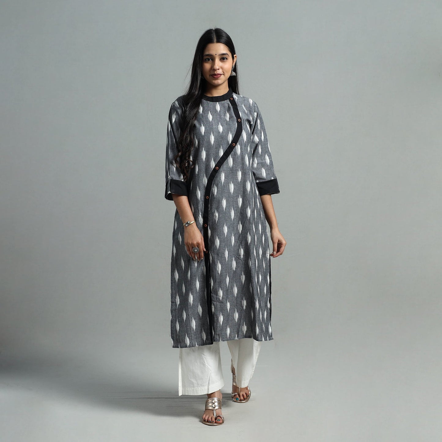 Grey Angrakha Cotton Straight Pochampally Ikat Kurta