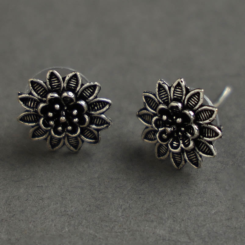 Antique Finish Oxidised White Metal Stud Earrings 19