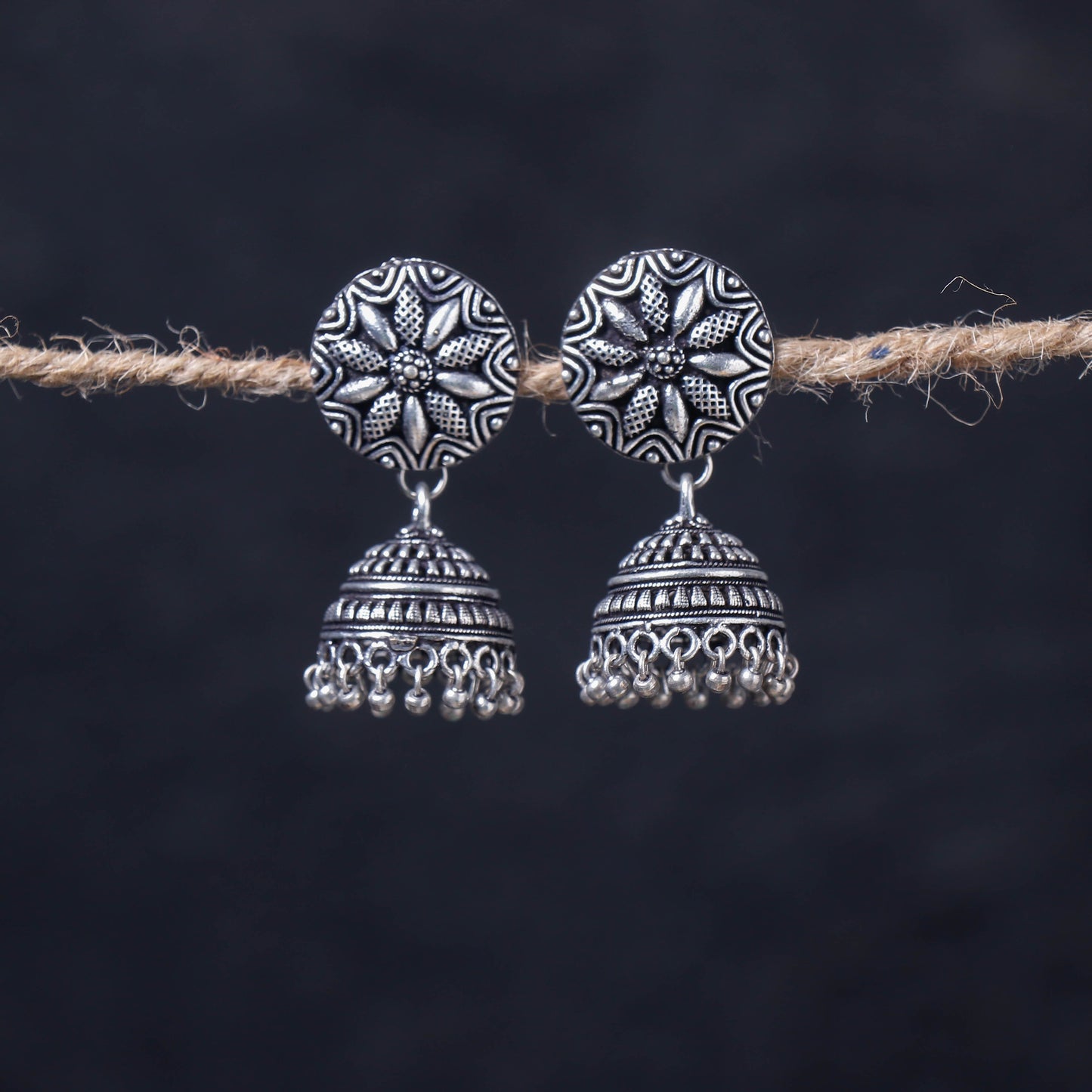 Antique Silver Finish Oxidised Brass Base Jhumka Earrings