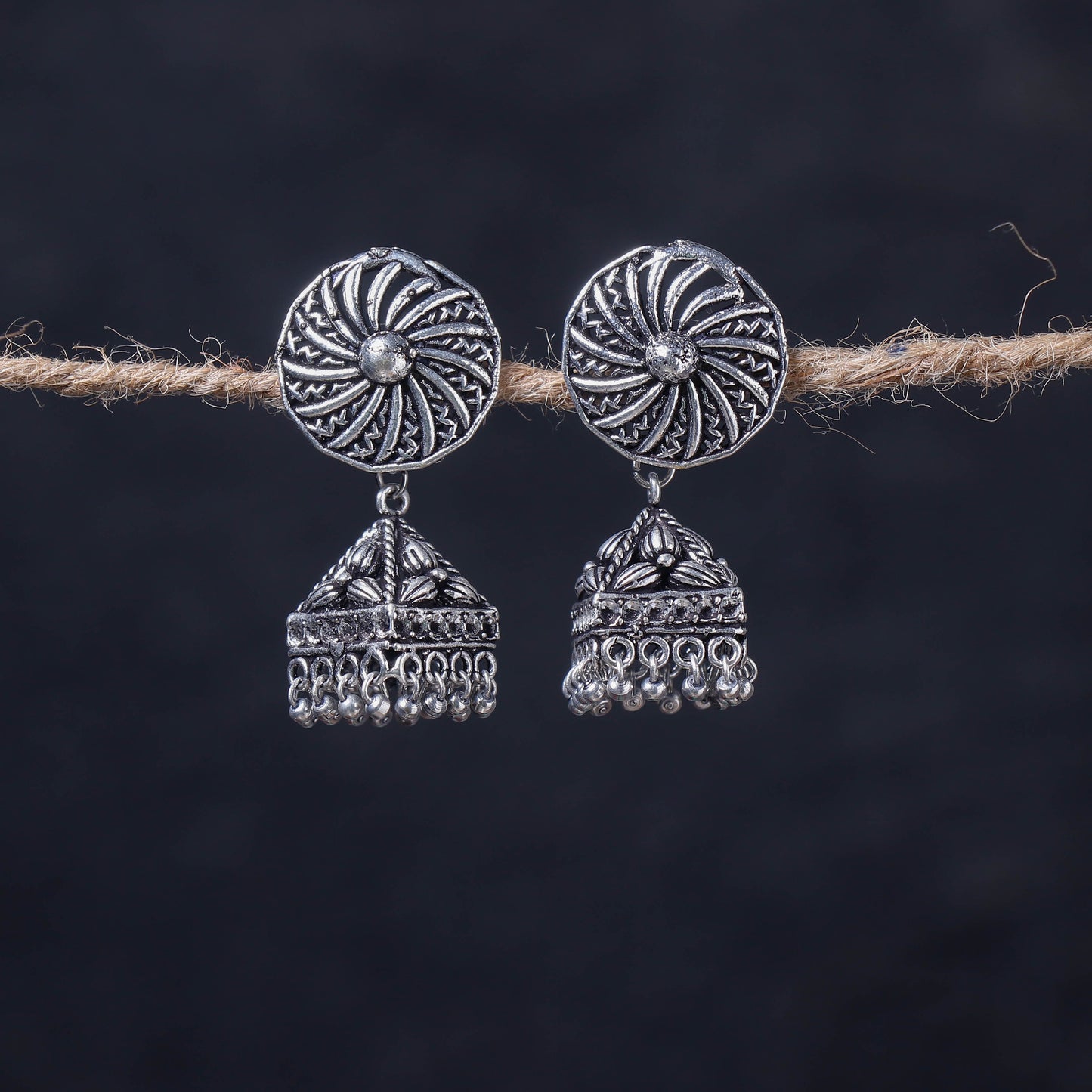 Antique Silver Finish Oxidised Brass Base Jhumka Earrings