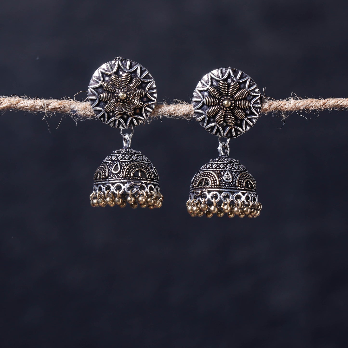 Antique Silver Finish Oxidised Brass Base Jhumka Earrings