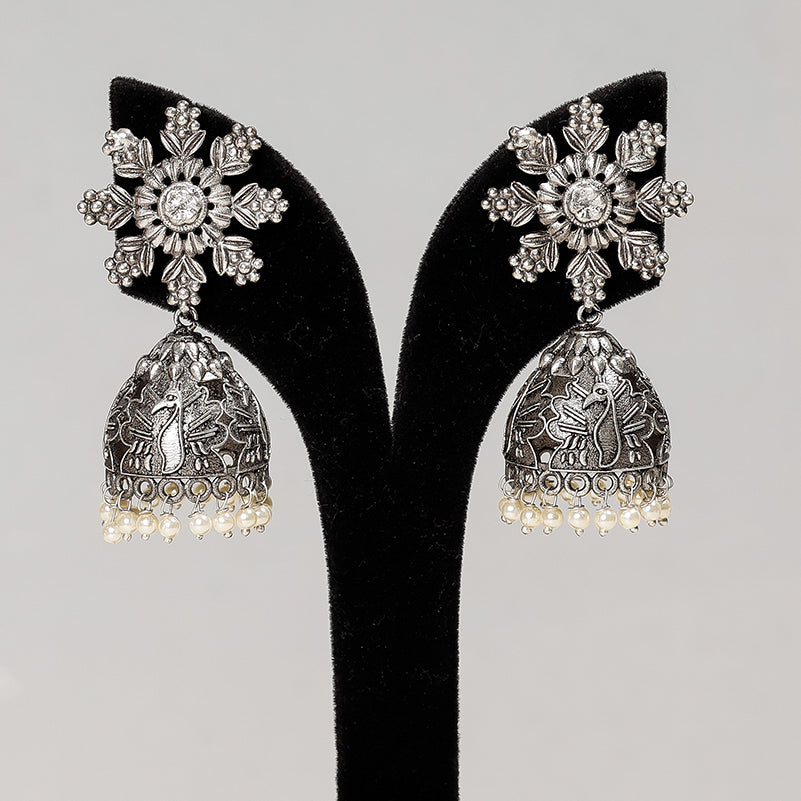 Antique Silver Finish Oxidised Brass Base Jhumki Earrings