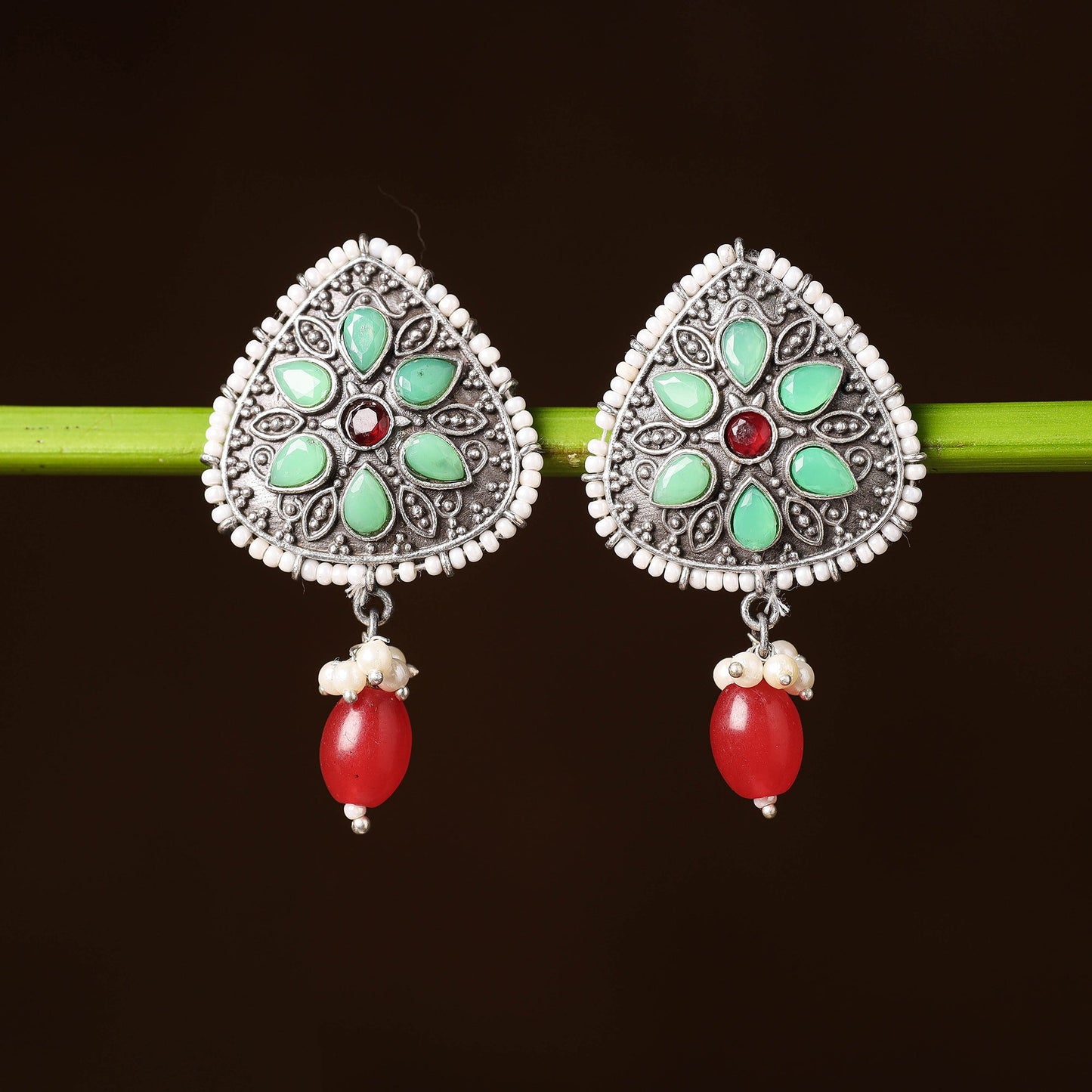 Antique Silver Finish Oxidised Brass Base Stone & Bead Work Earrings