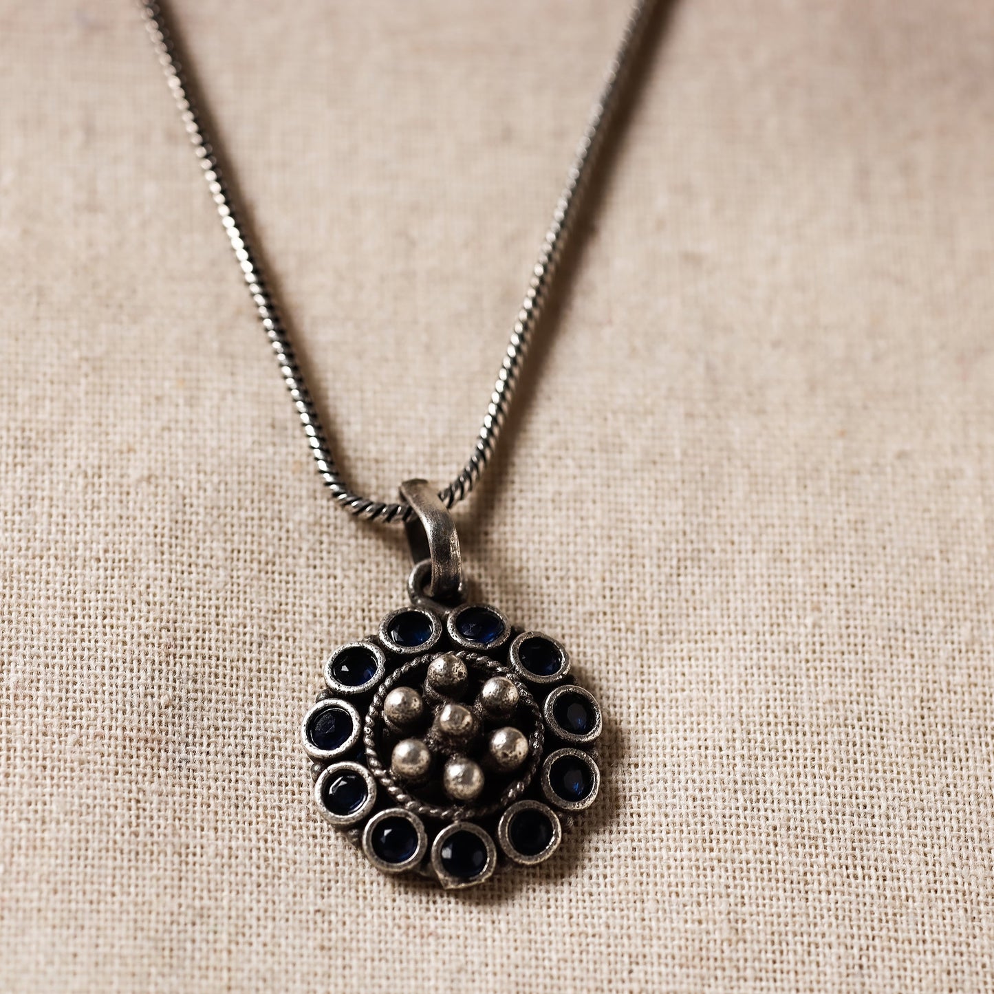 Antique Silver Finish Oxidised Brass Base Stone Work Necklace Set with Ring