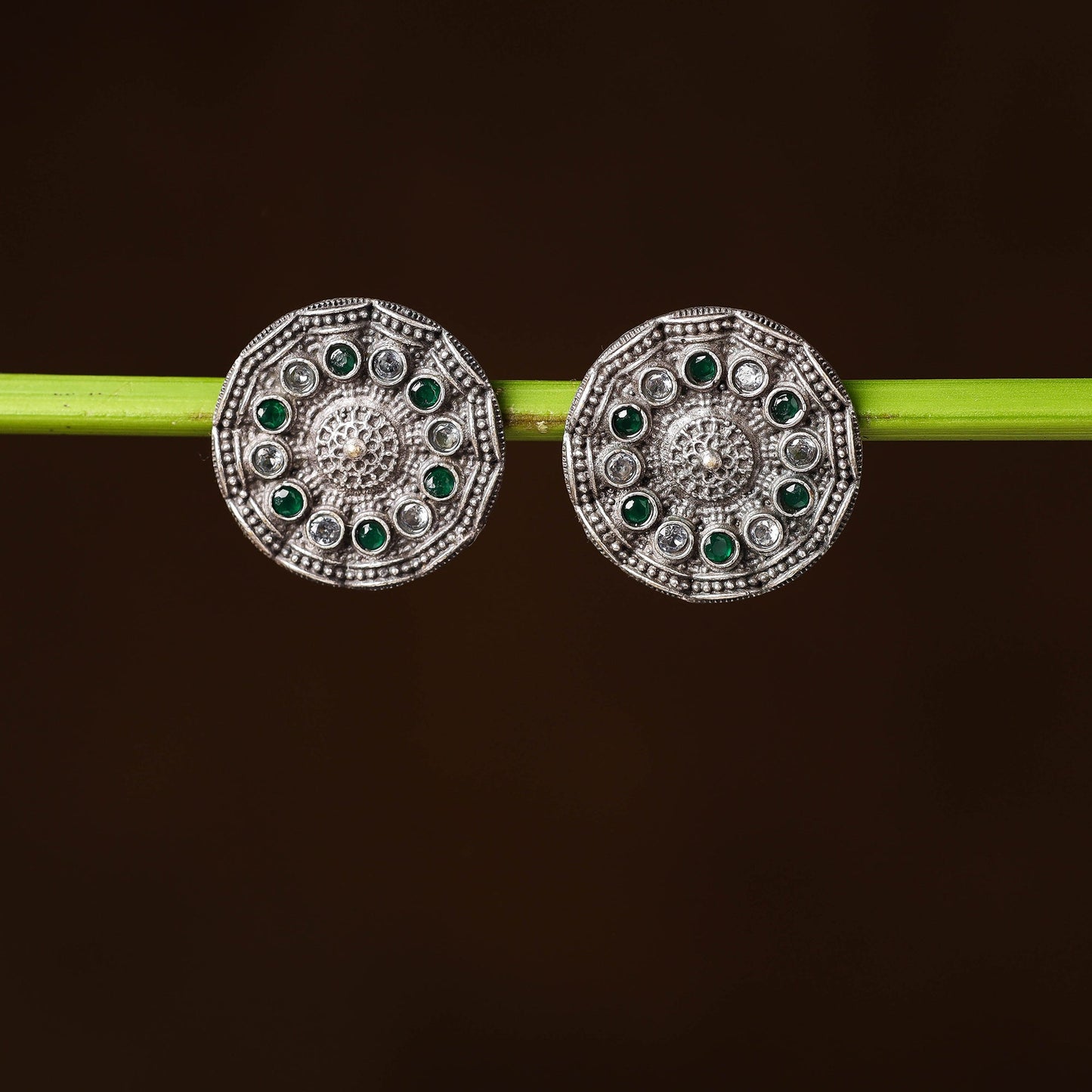 Antique Silver Finish Oxidised Brass Base Stone Work Stud Earrings