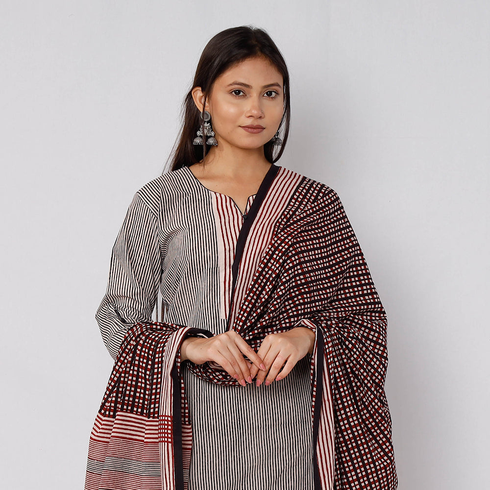 Bagh Block Printed Cotton Long Kurta with Palazzo & Dupatta Set Online l iTokri.com