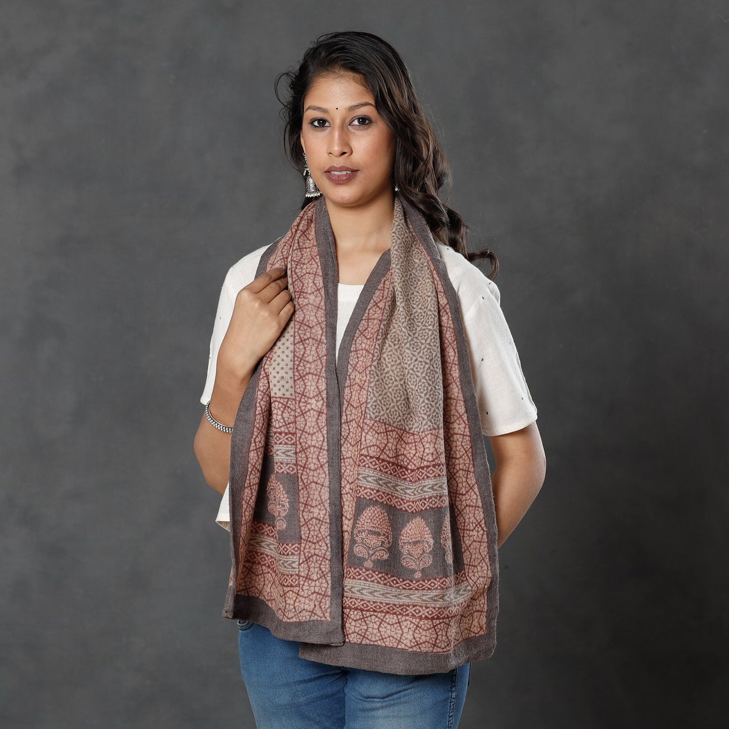Bagh Block Printed Natural Dyed Woolen Muffler (61 in)