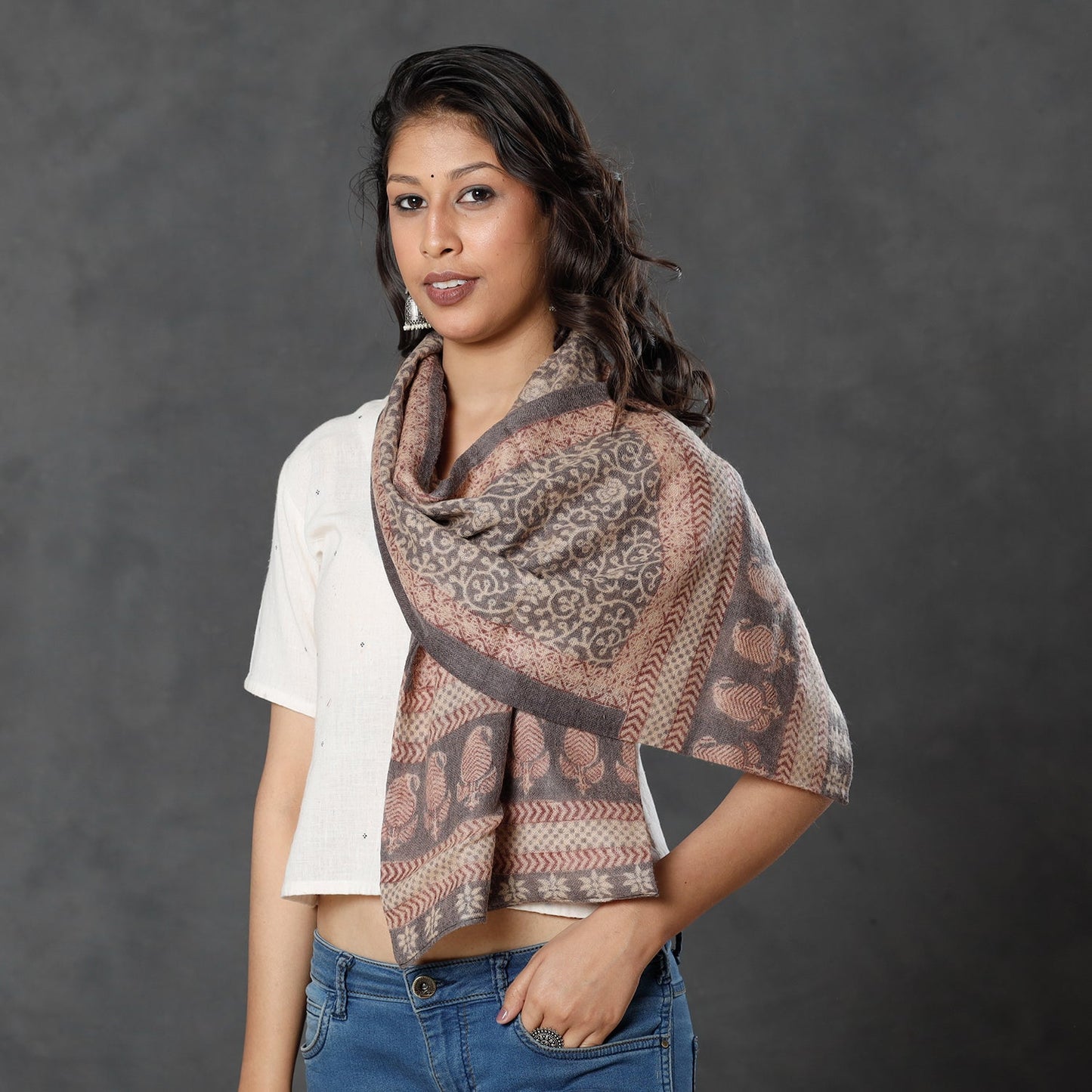 Bagh Block Printed Natural Dyed Woolen Muffler (61 in)