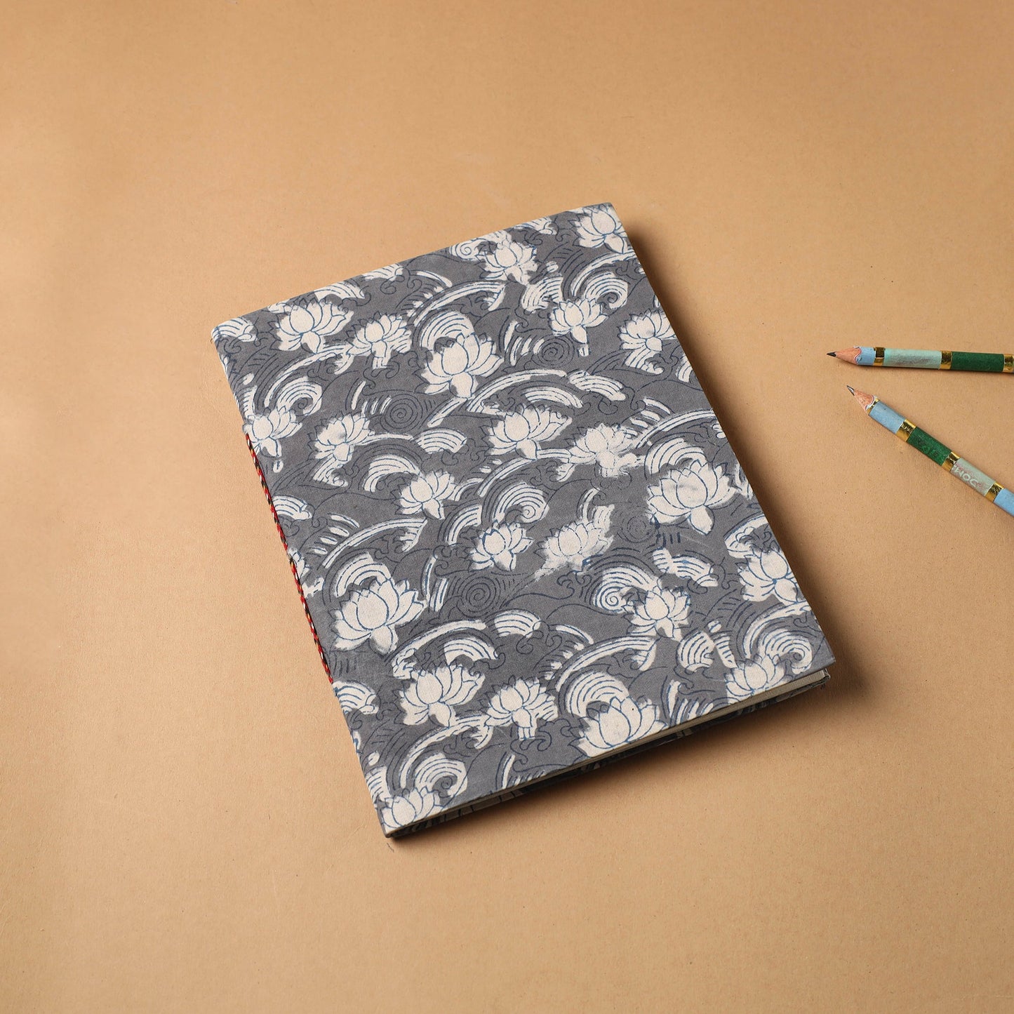 Grey - bagru fabric cover handmade paper notebook (9 x 7