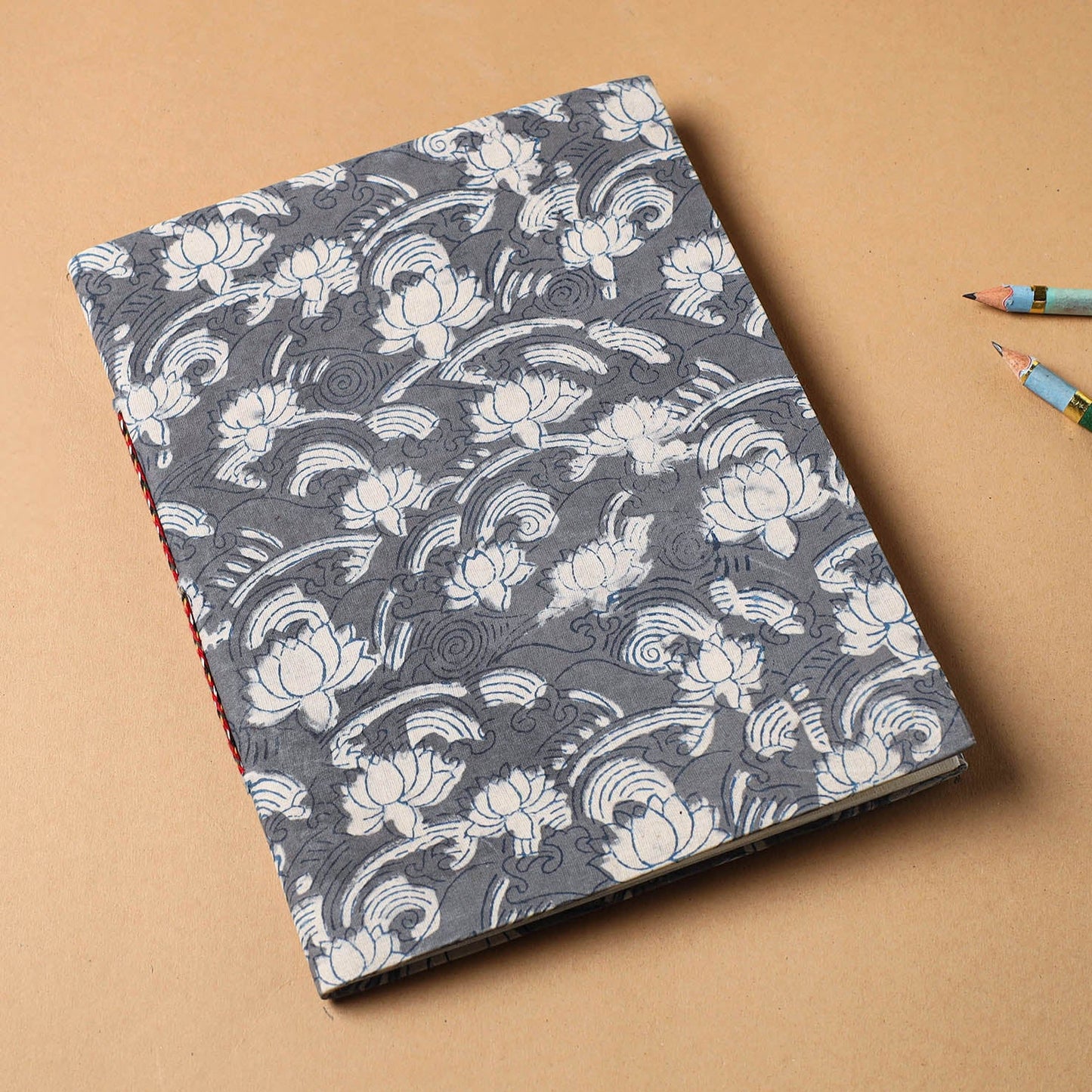 Grey - bagru fabric cover handmade paper notebook (9 x 7