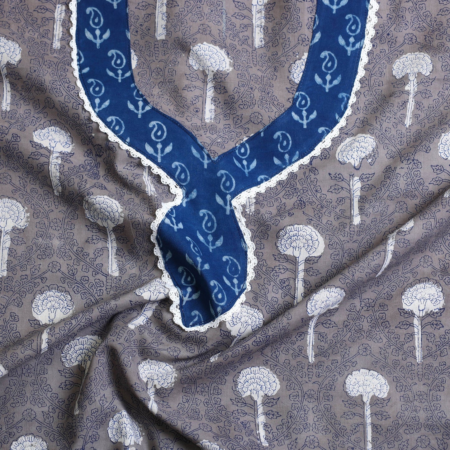 Grey Bagru Print Patchwork Cotton Kurta Material