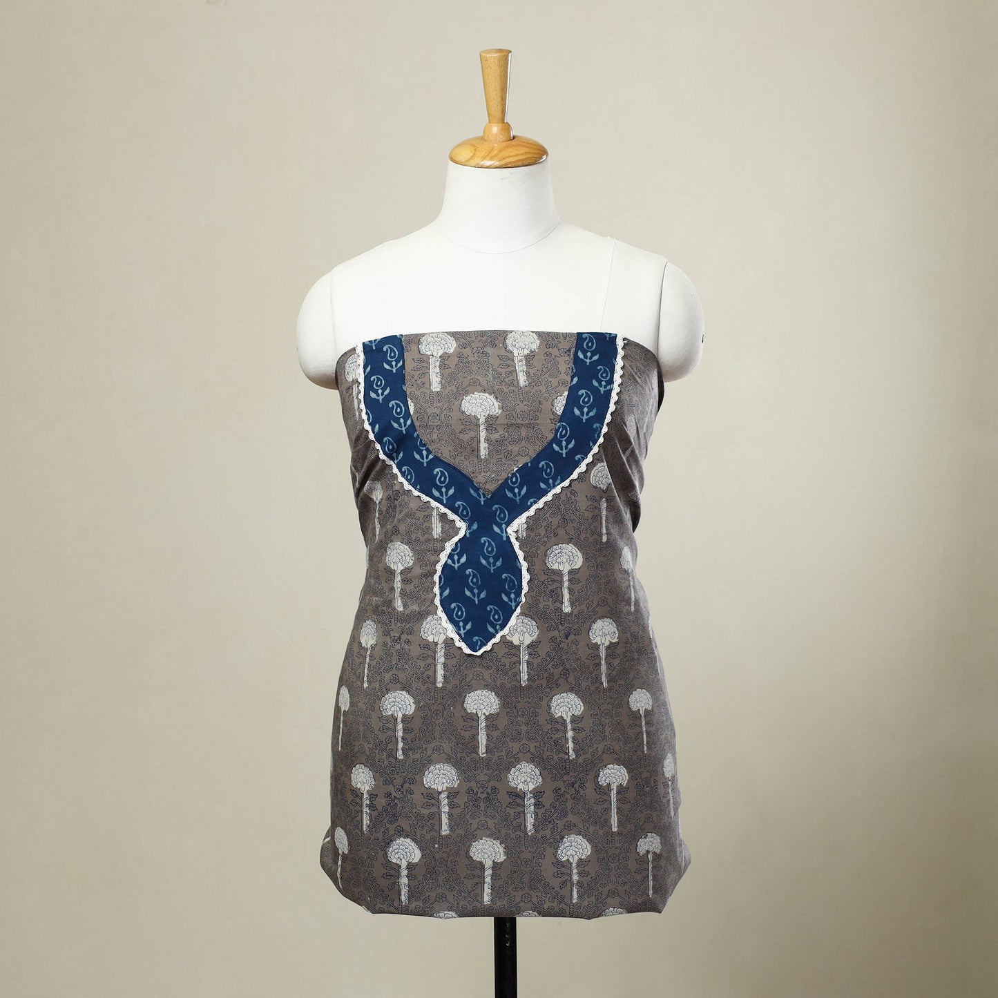 Grey Bagru Print Patchwork Cotton Kurta Material