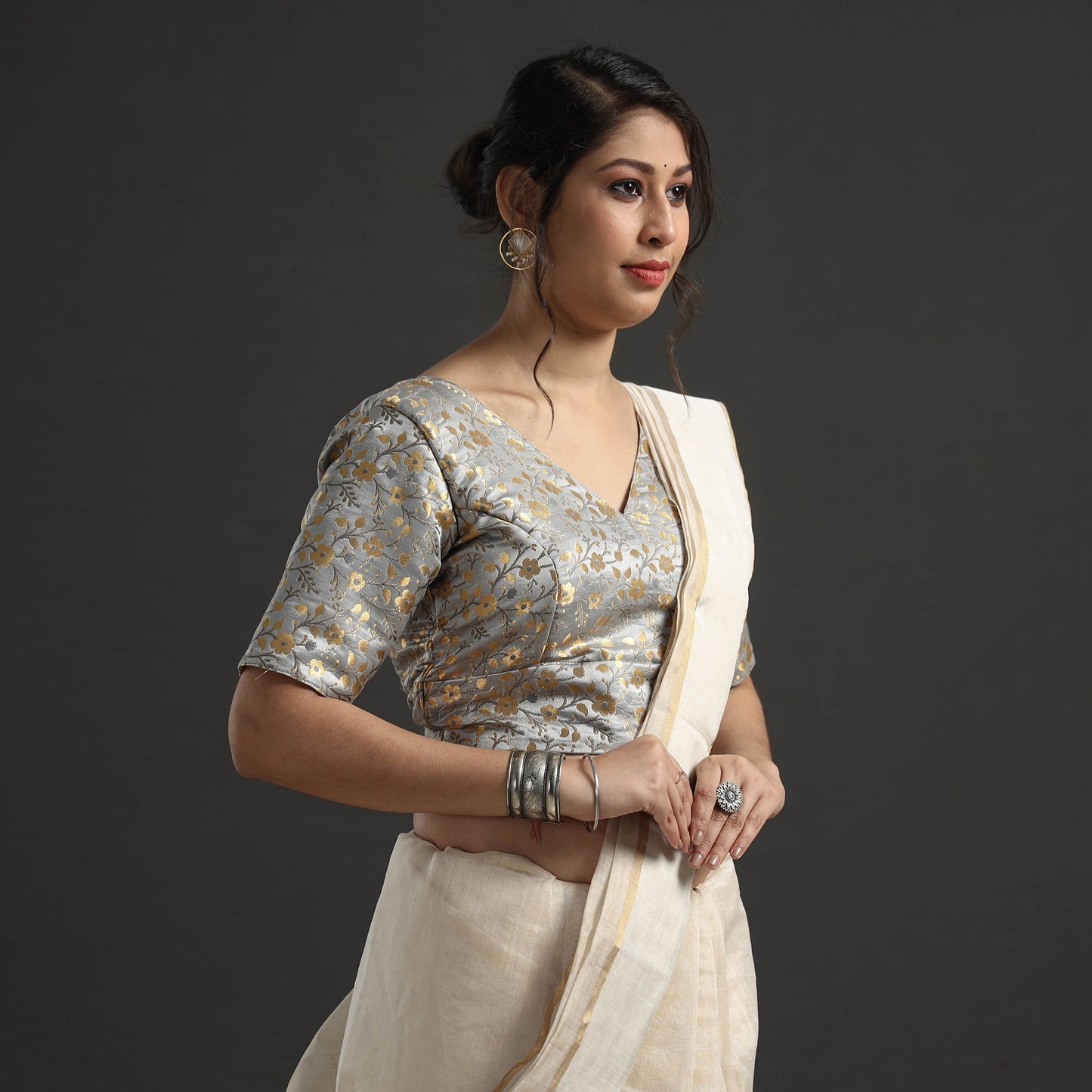 Grey - banarasi brocade semi kinkhab weave silk stitched
