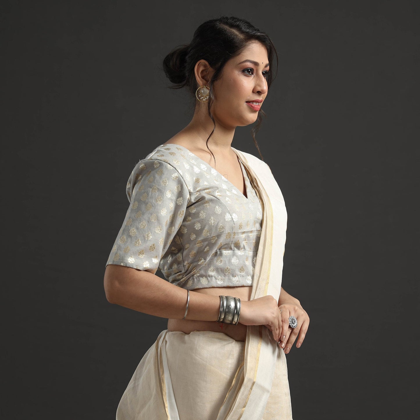 Buy Grey Banarasi Silk Zari Weave Stitched Blouse Online at iTokri.com