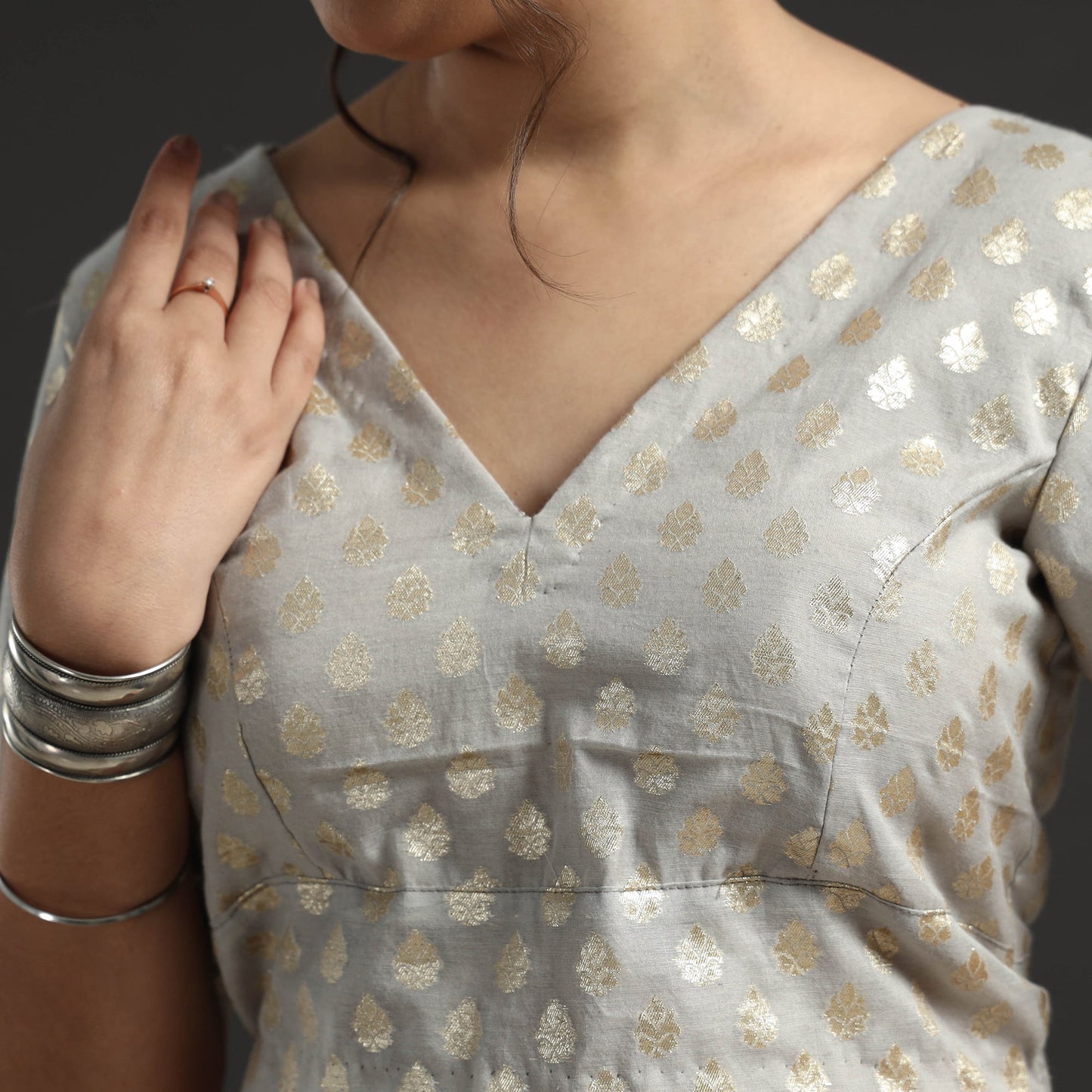 Buy Grey Banarasi Silk Zari Weave Stitched Blouse Online at iTokri.com