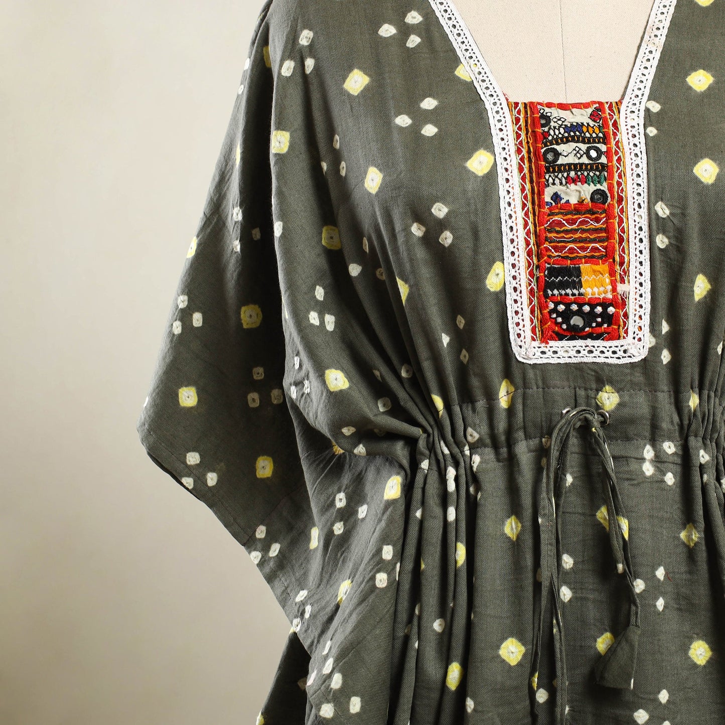Grey Bandhani Cotton Kaftan with Desert Embroidery