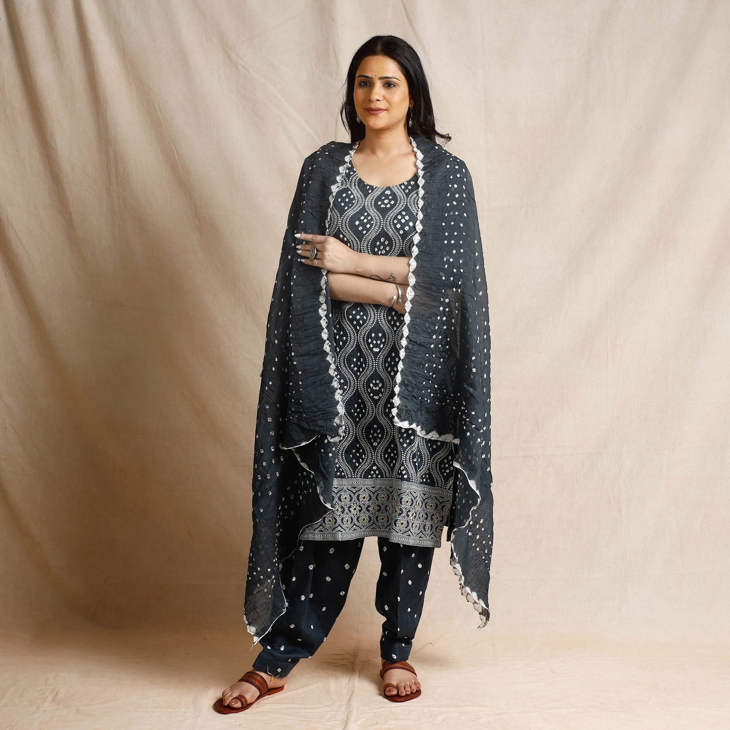 Bandhani Cotton Kurta with Salwar & Dupatta Set