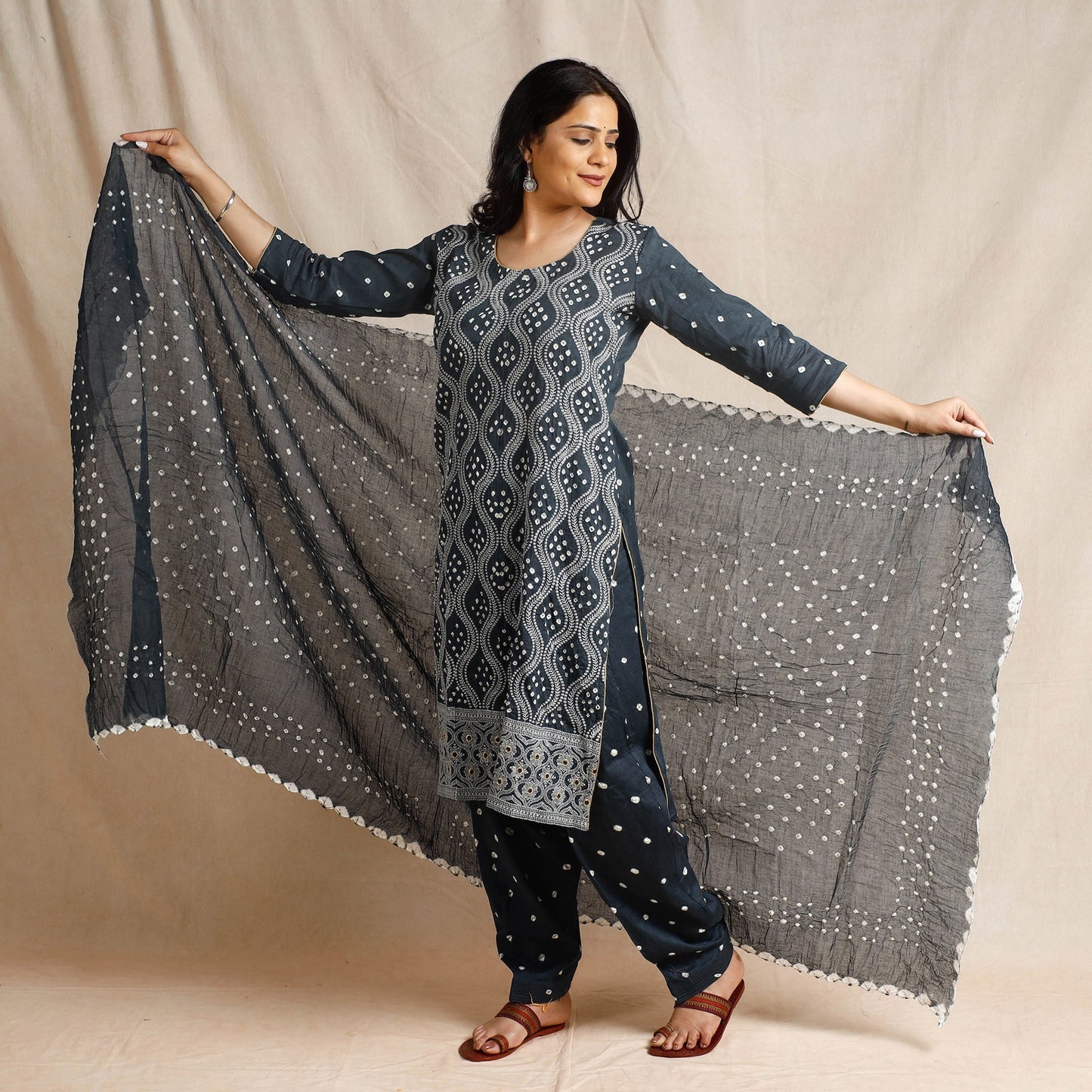 Bandhani Cotton Kurta with Salwar & Dupatta Set