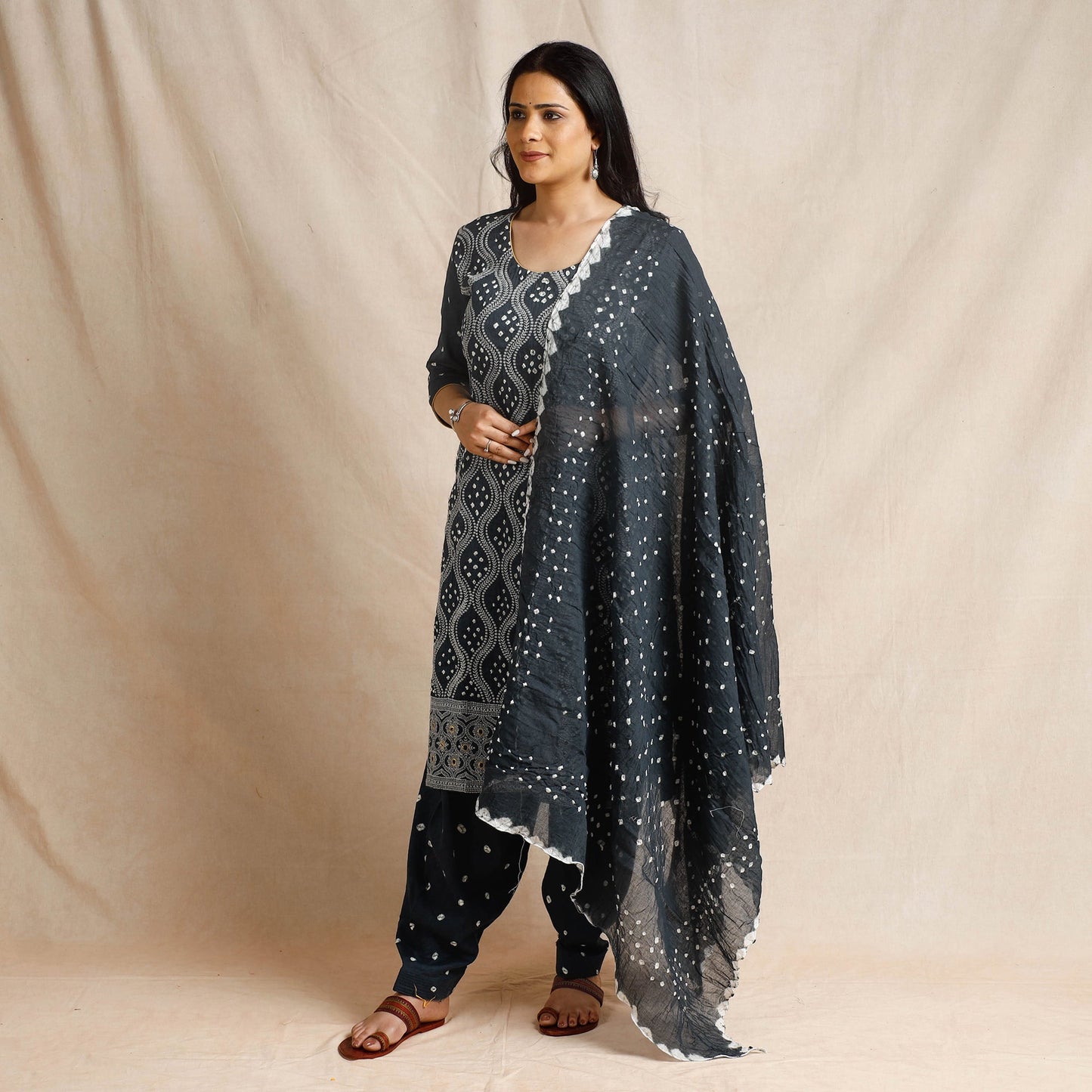 Bandhani Cotton Kurta with Salwar & Dupatta Set
