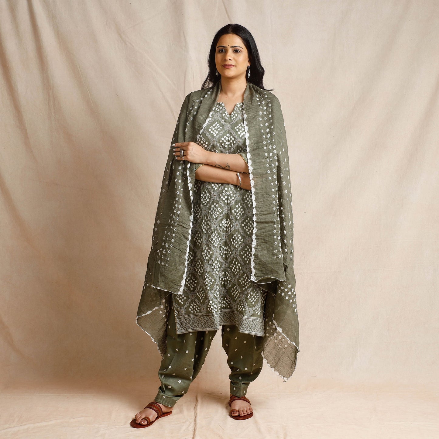 Grey - bandhani cotton kurta with salwar & dupatta set