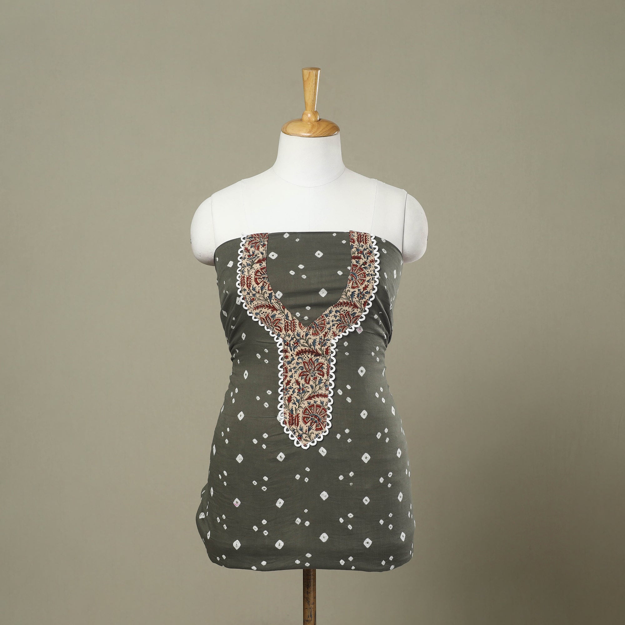 Beige - Bagh Print Patchwork Cotton Unstitched Kurta Material (2.6M) 33