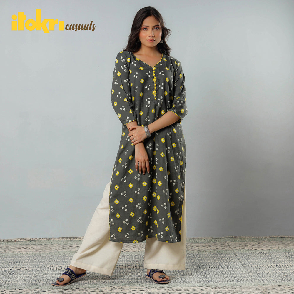 Bandhani Tie-dye Cotton Long Straight Kurta for Women