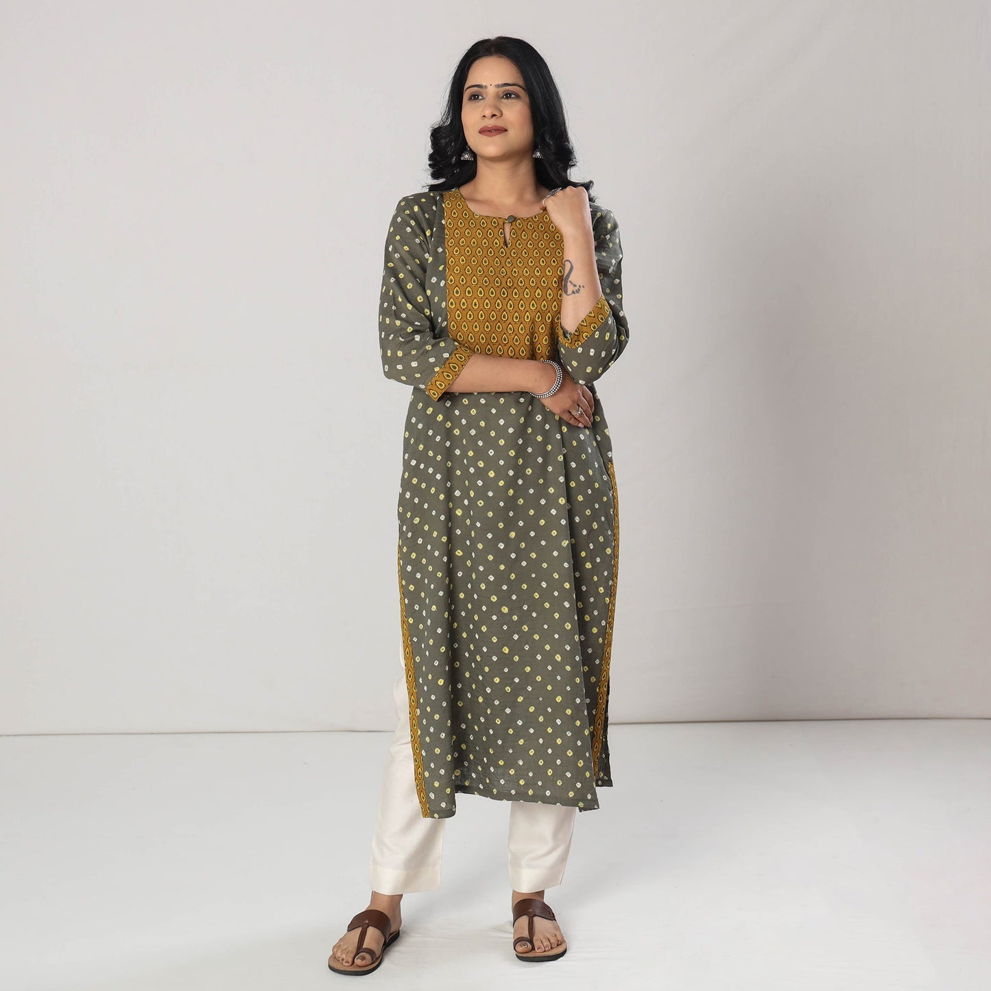 Bandhani Tie-dye Cotton Long Straight Kurta for Women